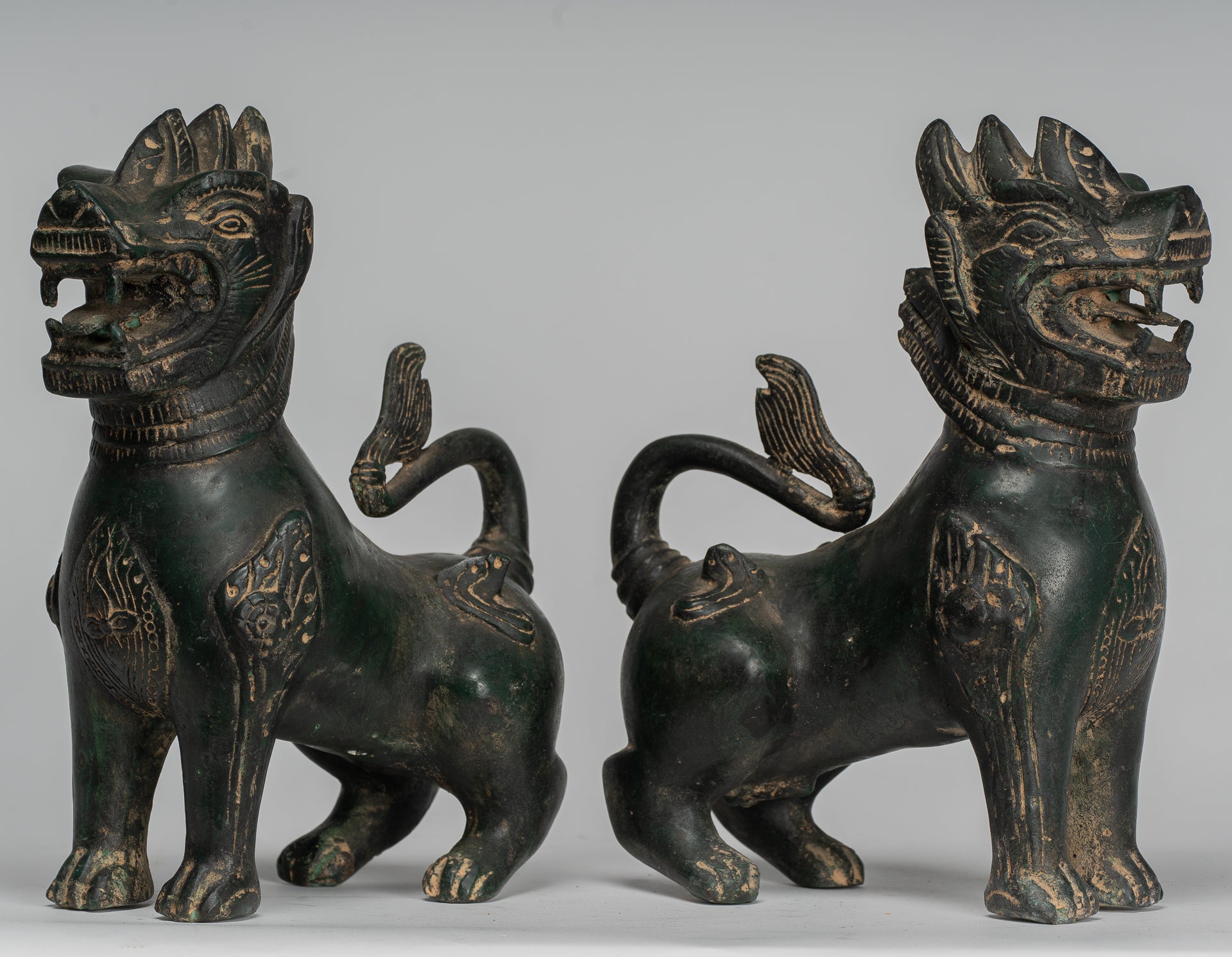 Antique Burmese Style Bronze Standing Chinthe Guardian Temple Lions - 24cm/10" (Pair)