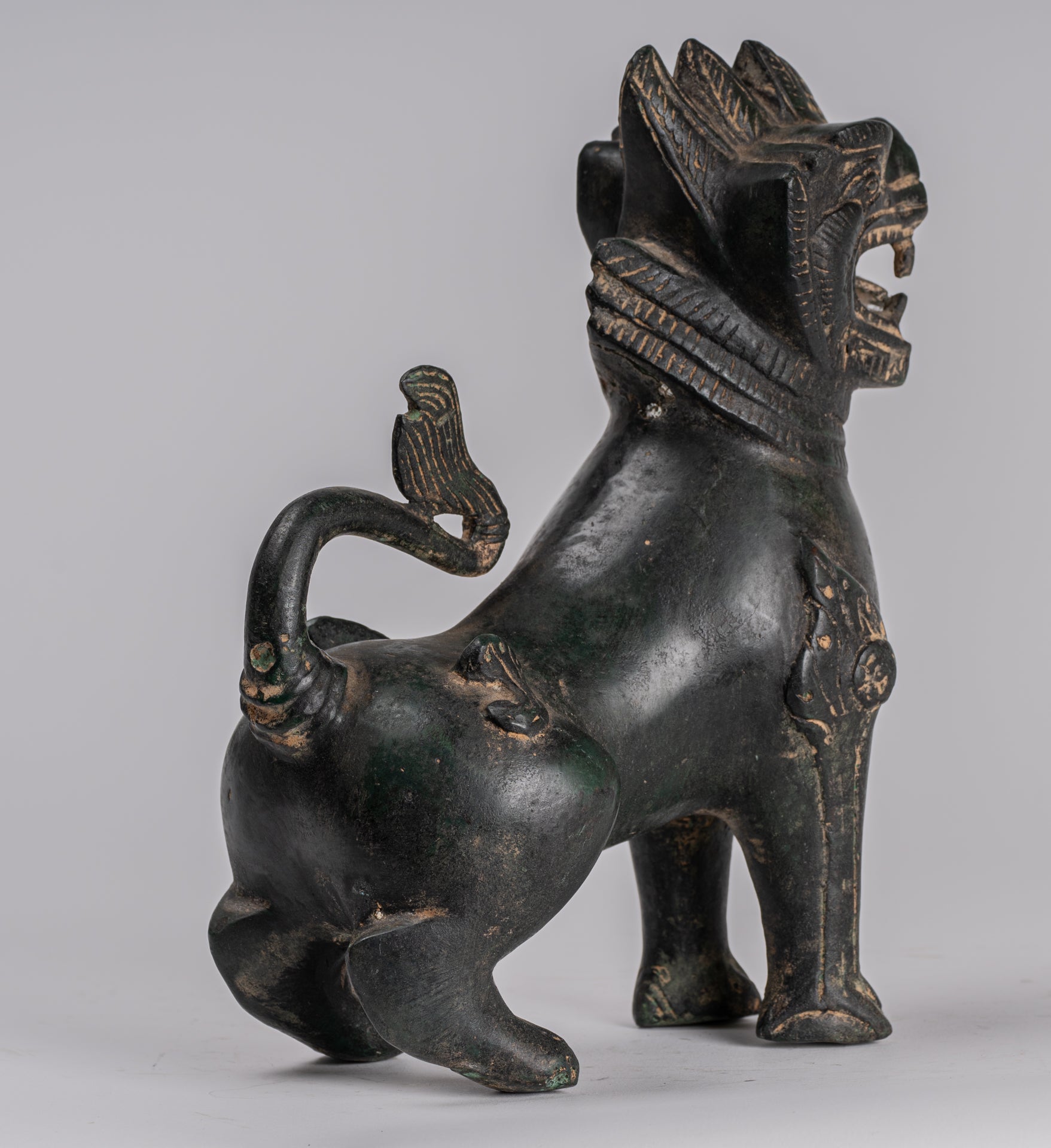 Antique Burmese Style Bronze Standing Chinthe Guardian Temple Lions - 24cm/10" (Pair)