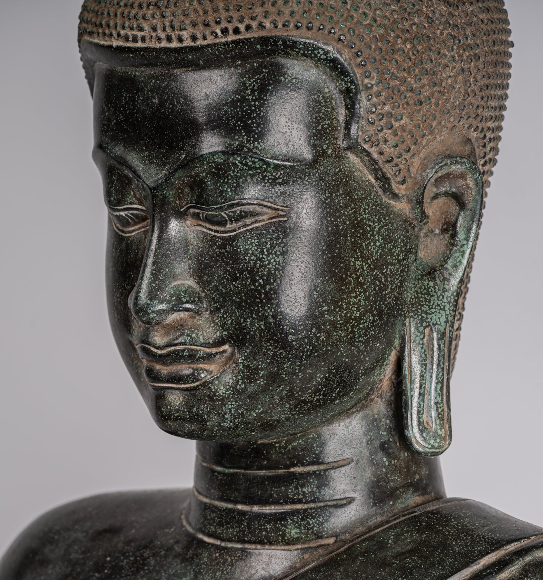Buddha - Antique Khmer Style Bronze Enthroned Teaching Buddha Statue - 95cm/38"