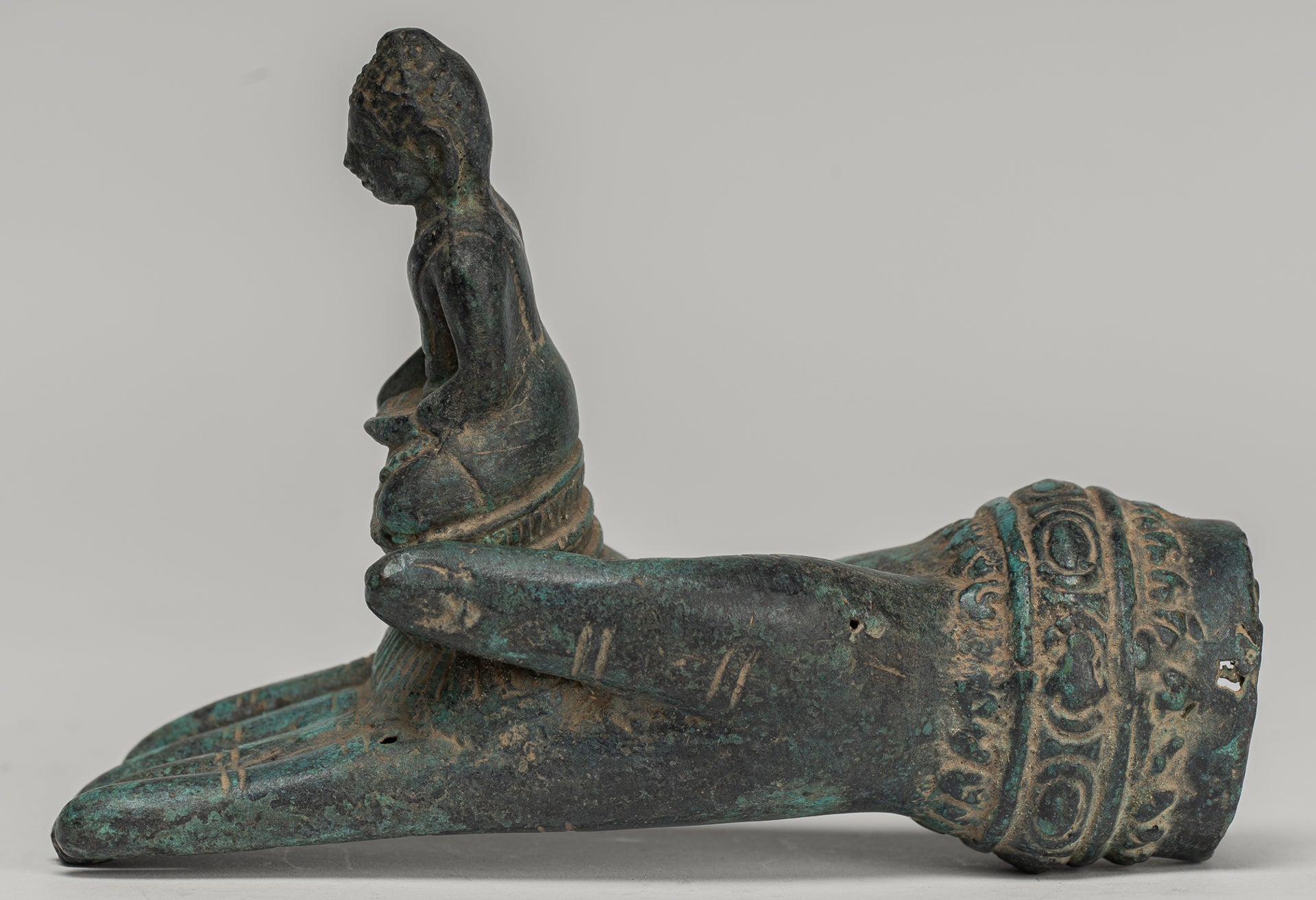 Freestanding Antique Khmer Style Bronze Hand & Buddha - 12cm/5"