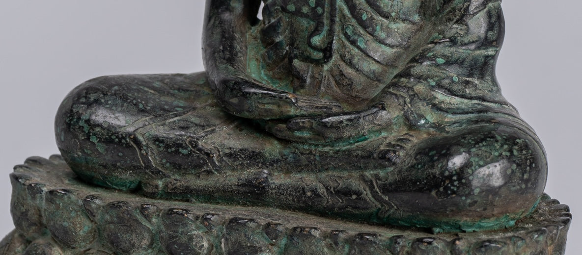 Buddha - Antique Khmer Style Bronze Enthroned Meditation Buddha Statue - 19cm/6"
