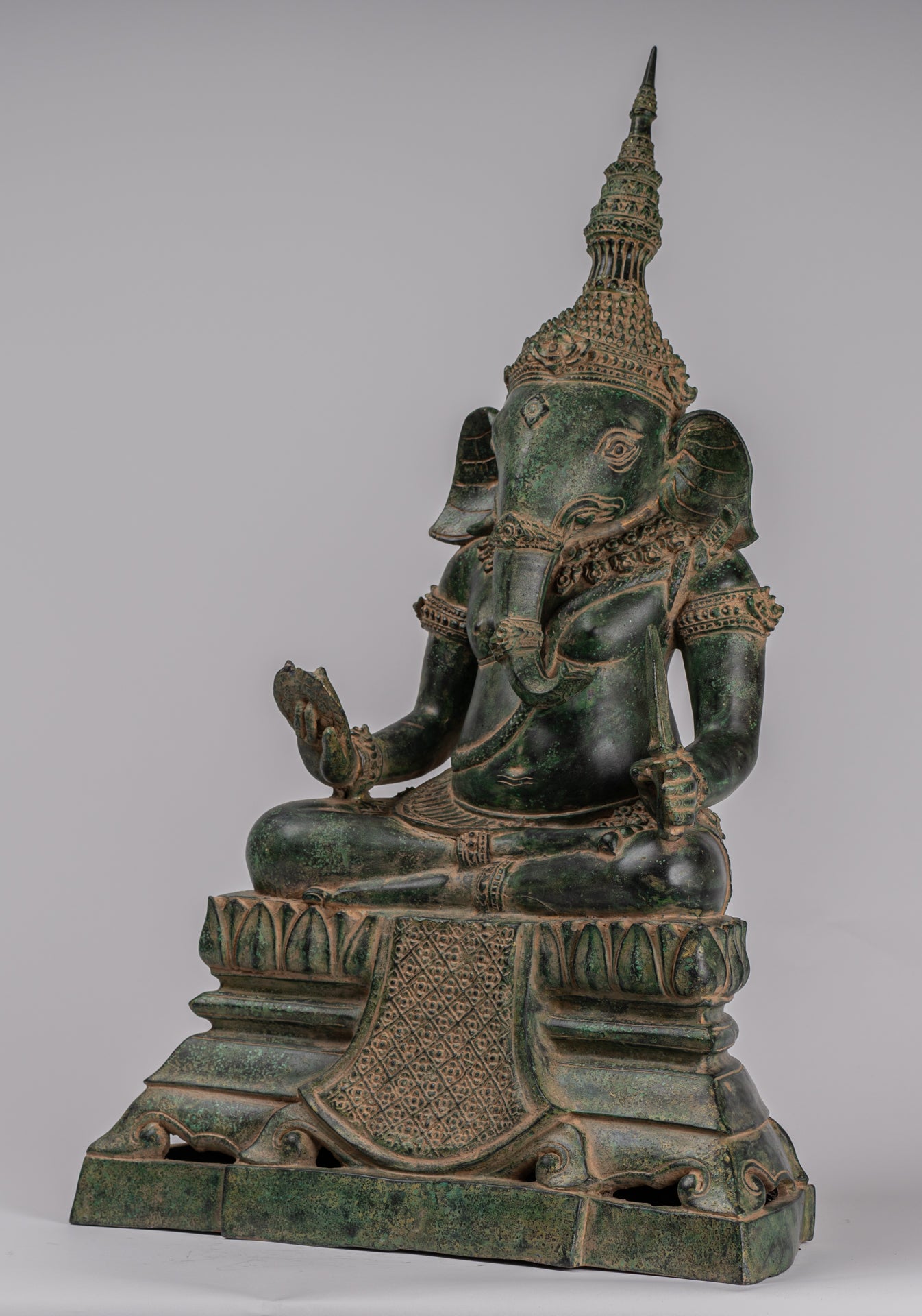 Ganesha Statue - Antique Khmer Style Bronze Seated Ganesh Statue - 60cm/24"
