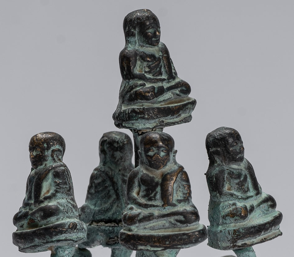 Buddha Sculpture - Antique Thai Style Bronze Happy, Fat, Laughing Buddha Budai Statues - 13cm/5"