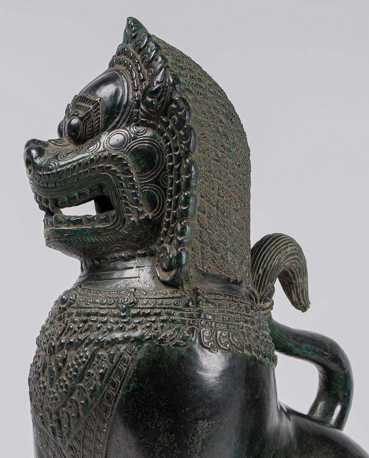 Temple Lions - Antique Khmer Style Bronze Standing Temple Guardians or Lions - 38cm/15"