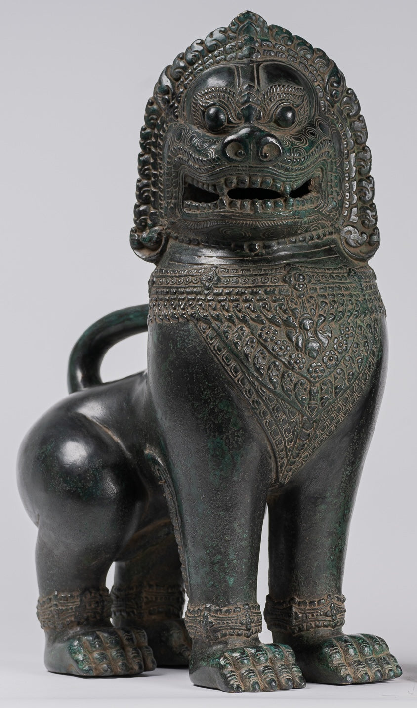 Temple Lions - Antique Khmer Style Bronze Standing Temple Guardians or Lions - 38cm/15"