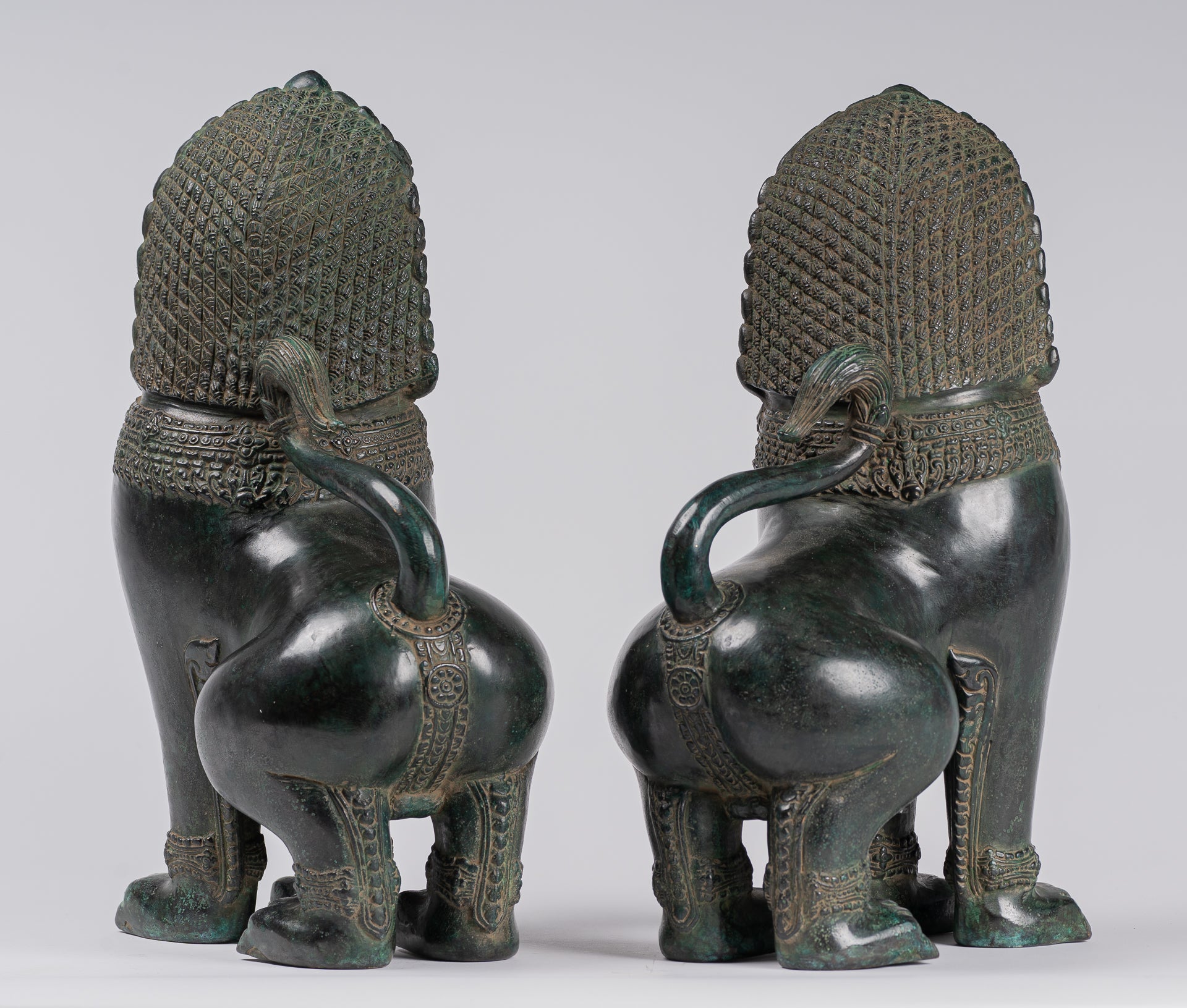 Temple Lions - Antique Khmer Style Bronze Standing Temple Guardians or Lions - 38cm/15"