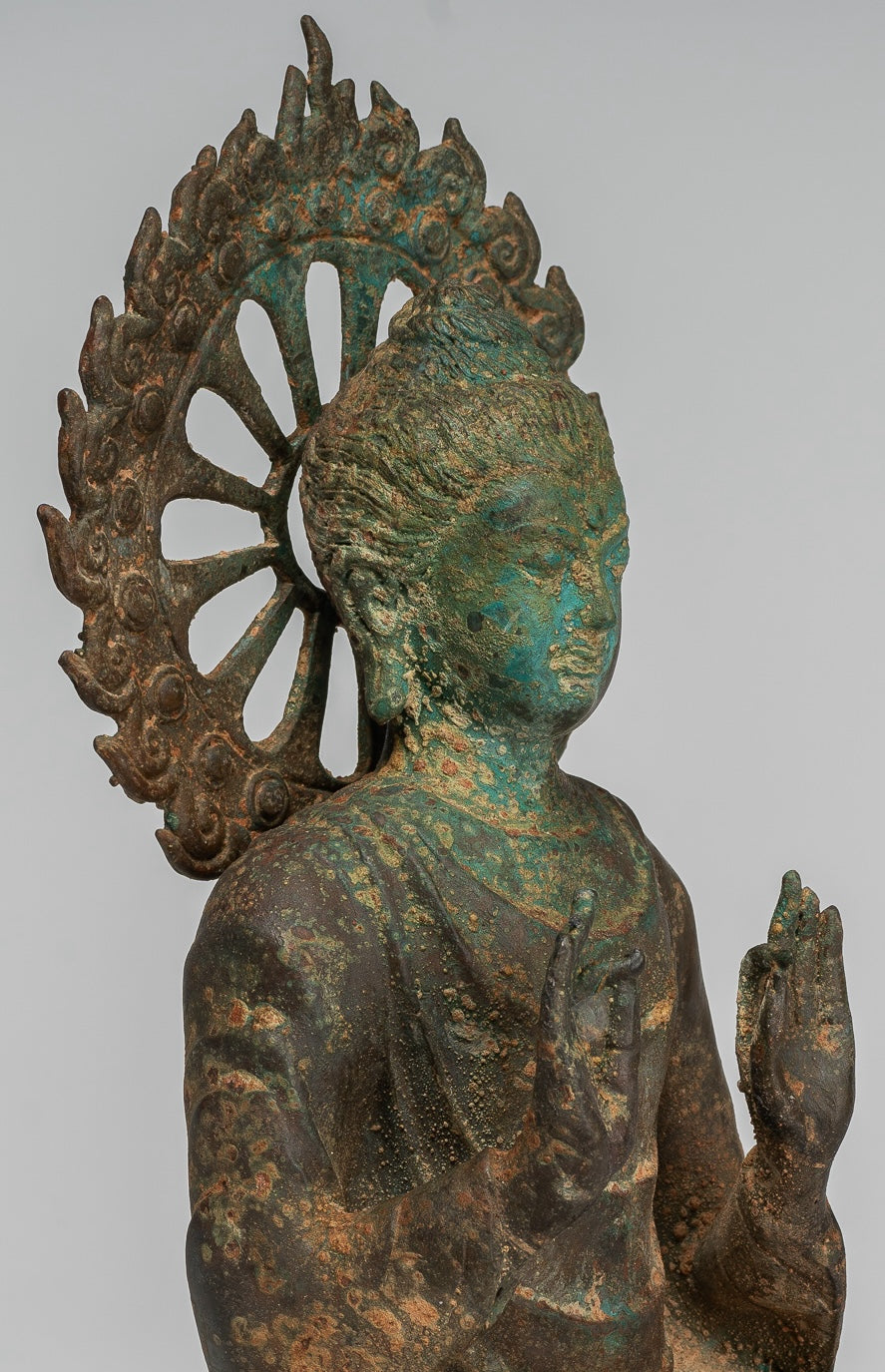 Indian Buddha Statue - Antique Gandhara Style Bronze Protection Buddha Statue - 29cm/12"