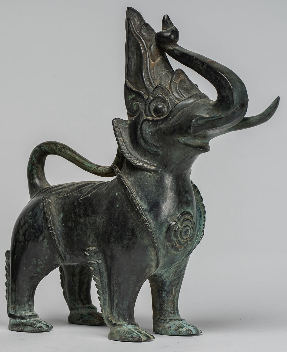 Antique Burmese Style Bronze Standing Chinthe Guardian Temple Lions - 29cm/12" (Pair)