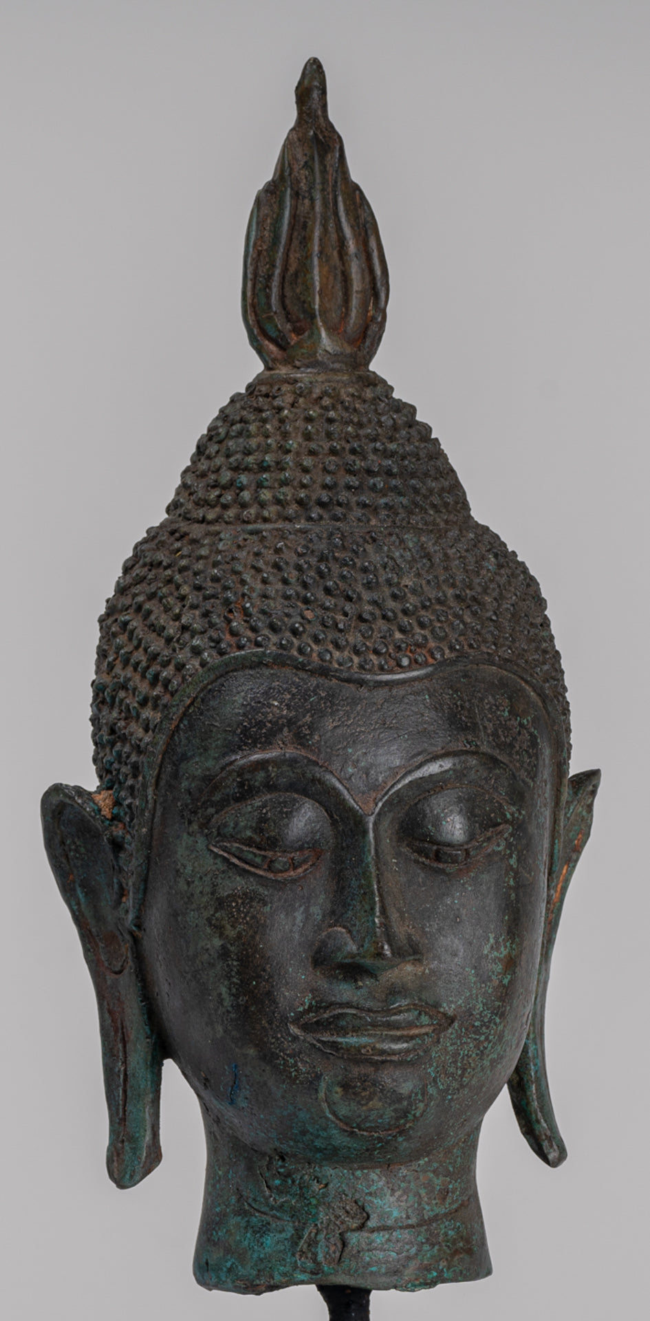 Buddha Head - Antique Thai Style Sukhothai Mounted Bronze Buddha Head - 30cm/12"