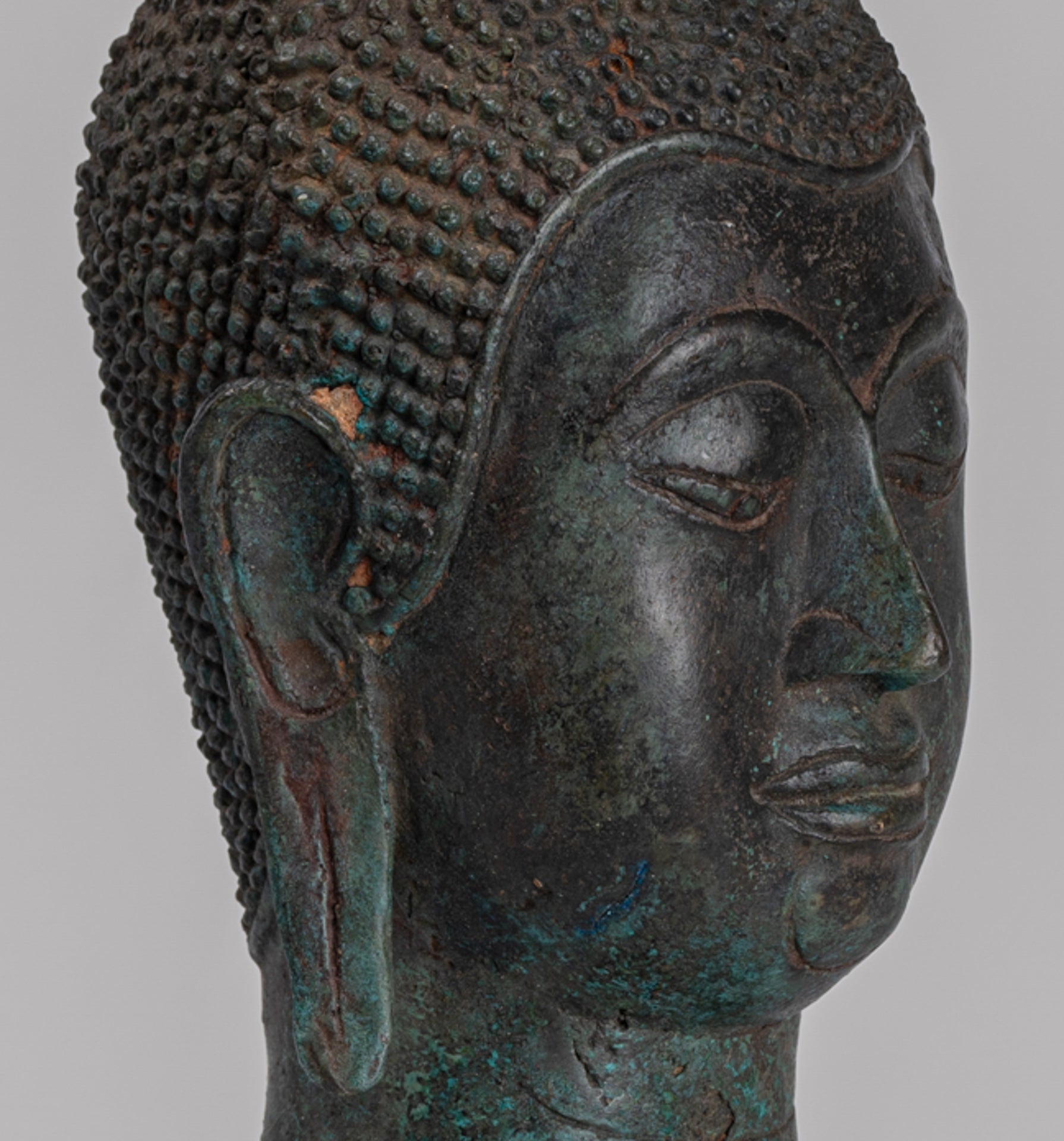 Buddha Head - Antique Thai Style Sukhothai Mounted Bronze Buddha Head - 30cm/12"