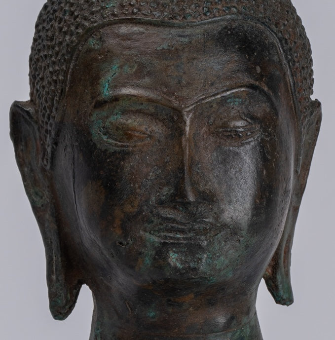 Buddha Head - Antique Thai Style Sukhothai Mounted Bronze Buddha Head - 22cm/9"