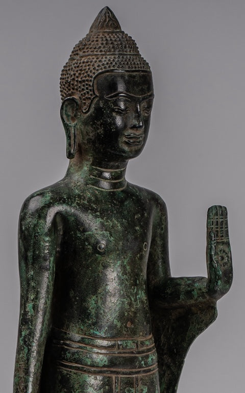 Buddha Statue - Antique Khmer Style Bronze Standing Abhaya Protection Buddha Statue - 52cm/21"