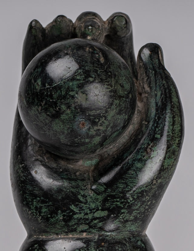Mounted Antique Khmer Style Southeast Asia Bronze Vishnu Hand & Pinda or Ball - 22cm/9"