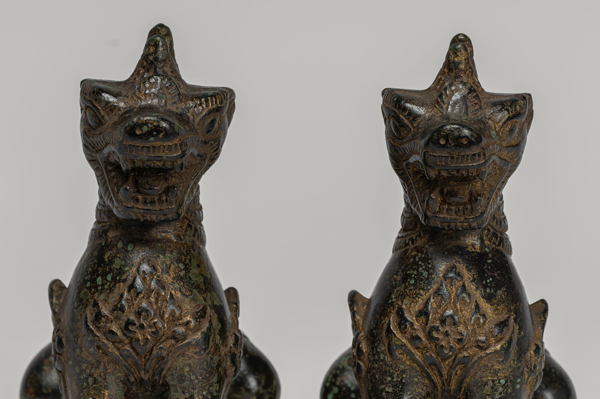 Antique Burmese Style Bronze Standing Chinthe Guardian Temple Lions - 12cm/5" (Pair)