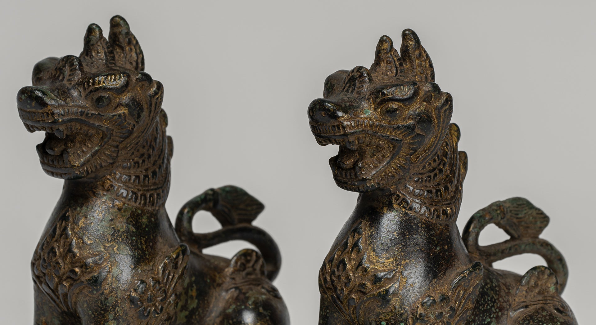 Antique Burmese Style Bronze Standing Chinthe Guardian Temple Lions - 12cm/5" (Pair)