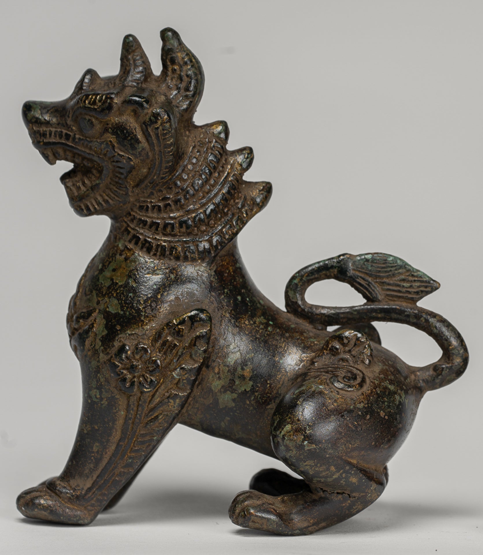 Antique Burmese Style Bronze Standing Chinthe Guardian Temple Lions - 12cm/5" (Pair)