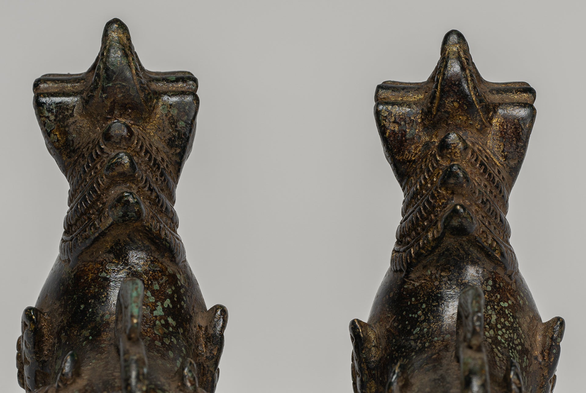 Antique Burmese Style Bronze Standing Chinthe Guardian Temple Lions - 12cm/5" (Pair)