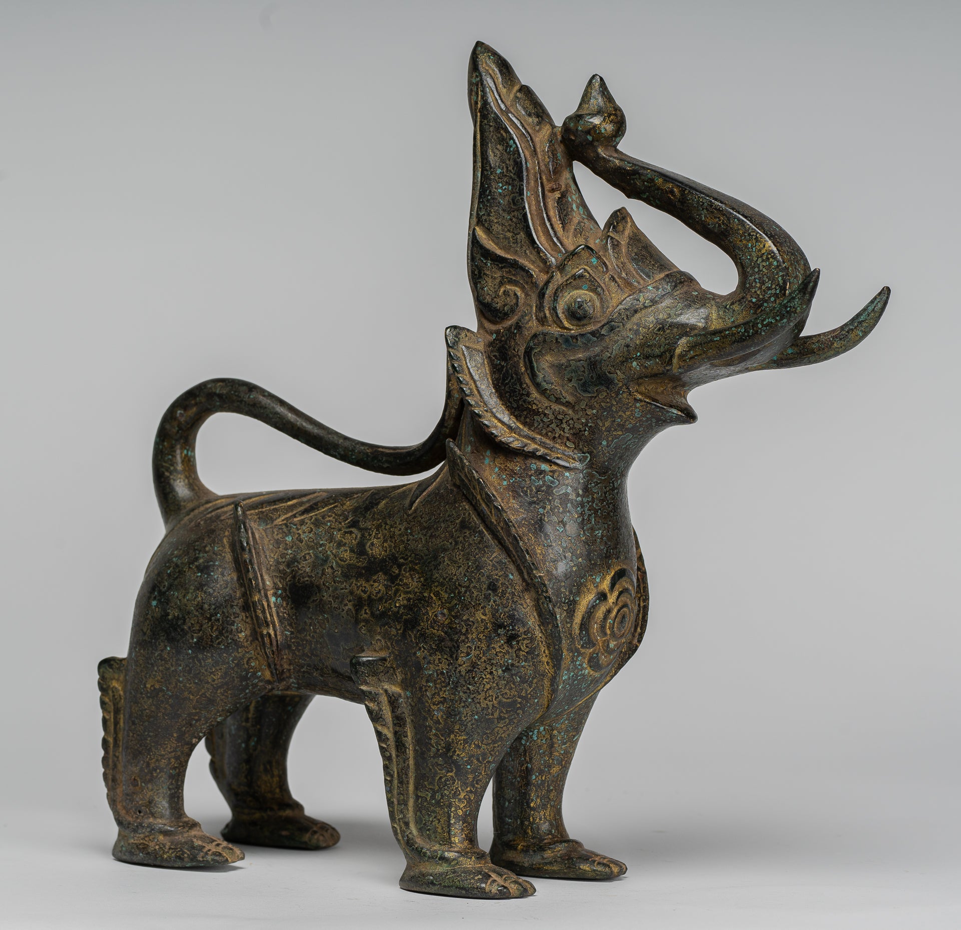 Antique Burmese Style Bronze Standing Chinthe Guardian Temple Lion - 29cm/12"