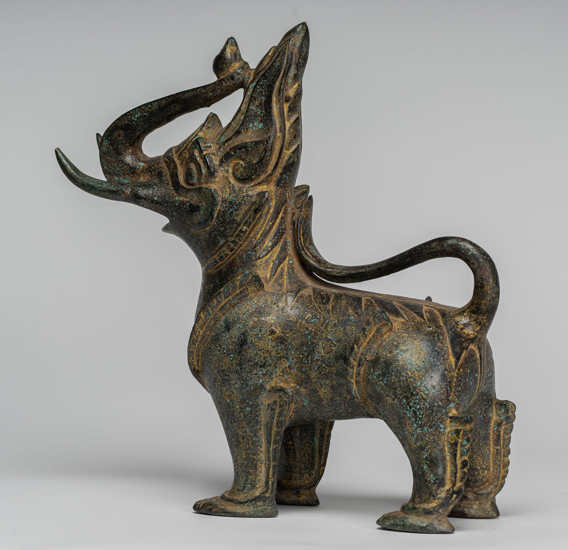 Antique Burmese Style Bronze Standing Chinthe Guardian Temple Lion - 29cm/12"