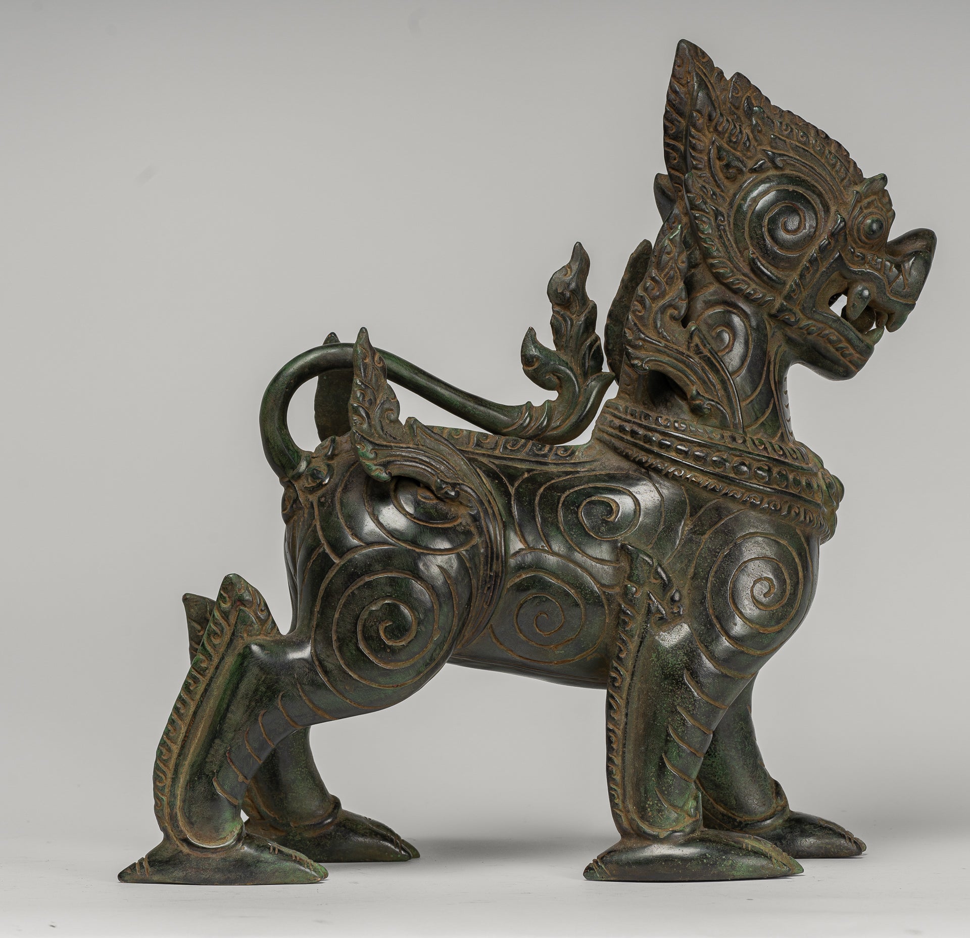 Antique Burmese Style Bronze Standing Chinthe Guardian Temple Lion - 34cm/14"