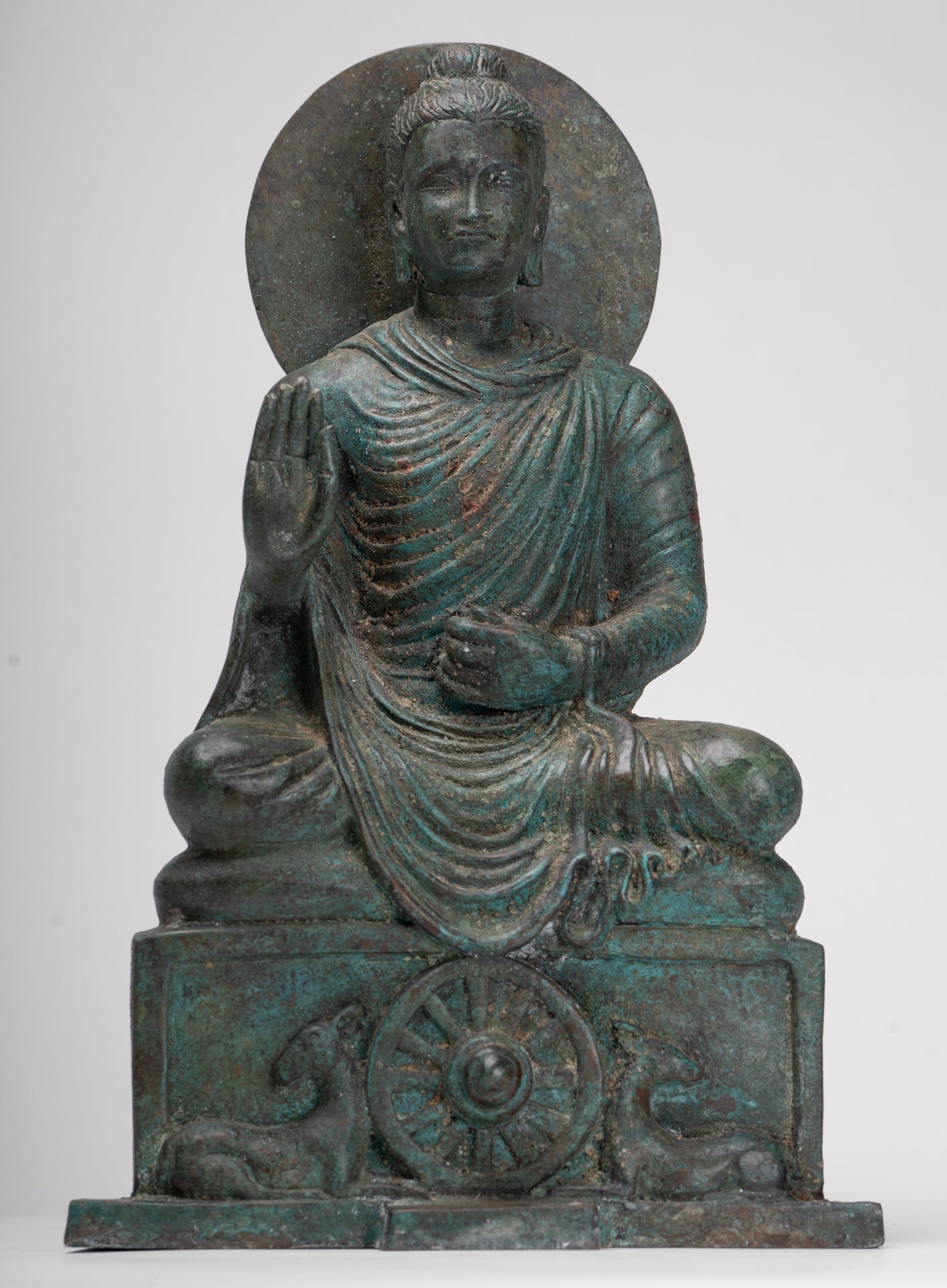Indian Buddha Statue - Antique Gandhara Style Bronze Protection Buddha Statue - 35cm/14"
