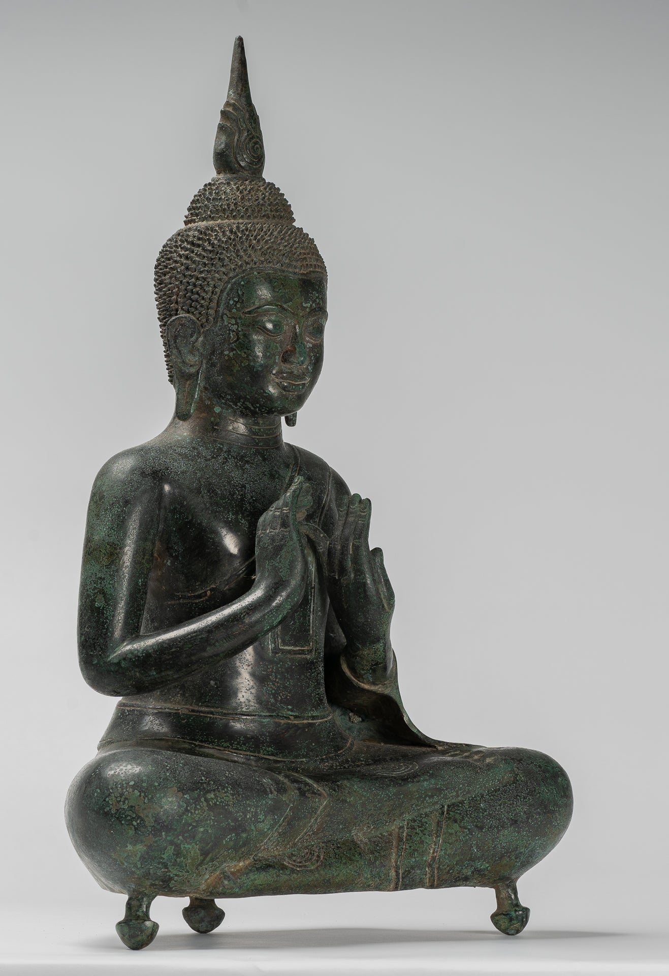 Buddha - Antique Khmer Style Bronze Seated Double Teaching Buddha Statue - 50cm/20"
