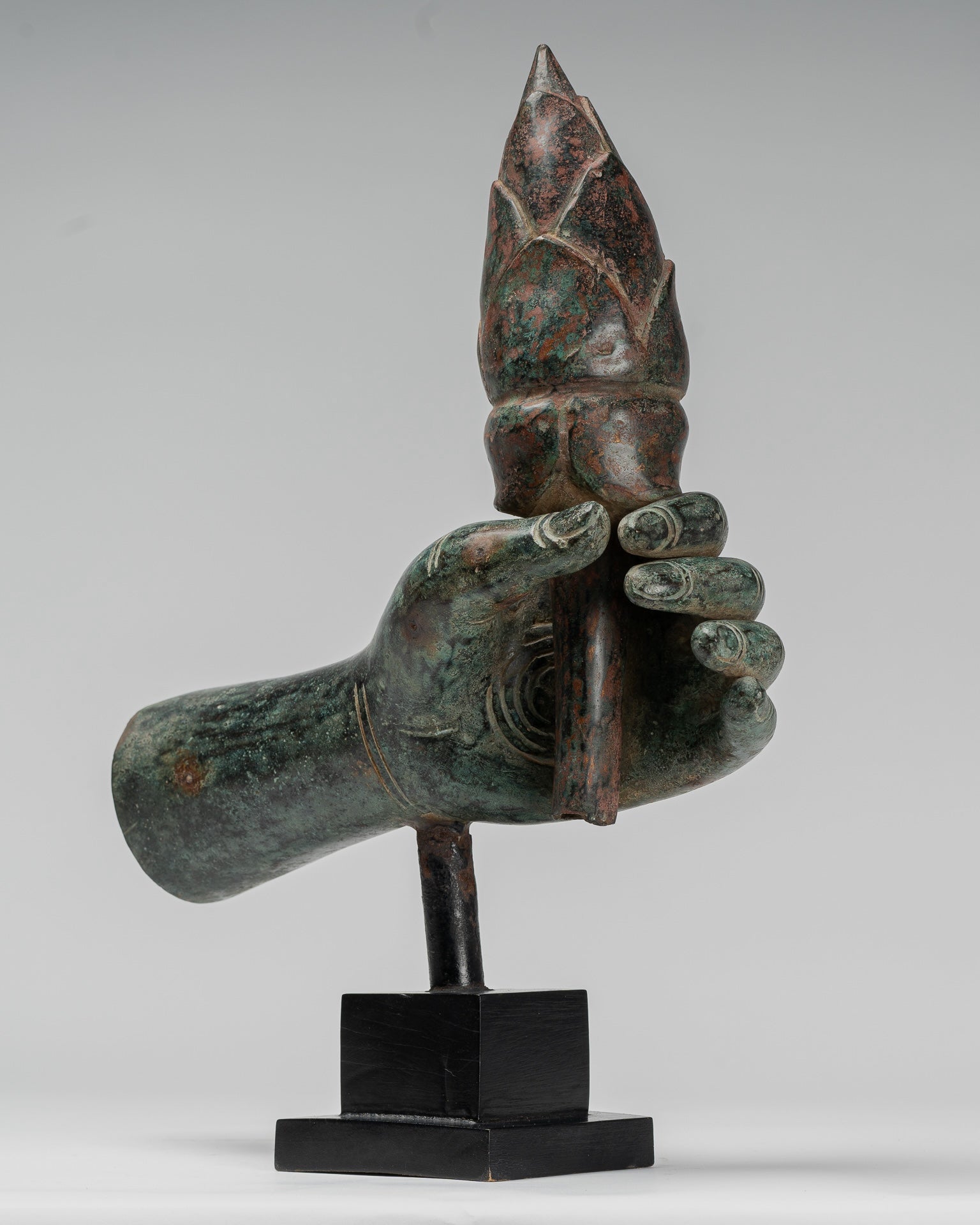 Mounted Antique Khmer Style Bronze Hand & Lotus Bud - 43cm/17"