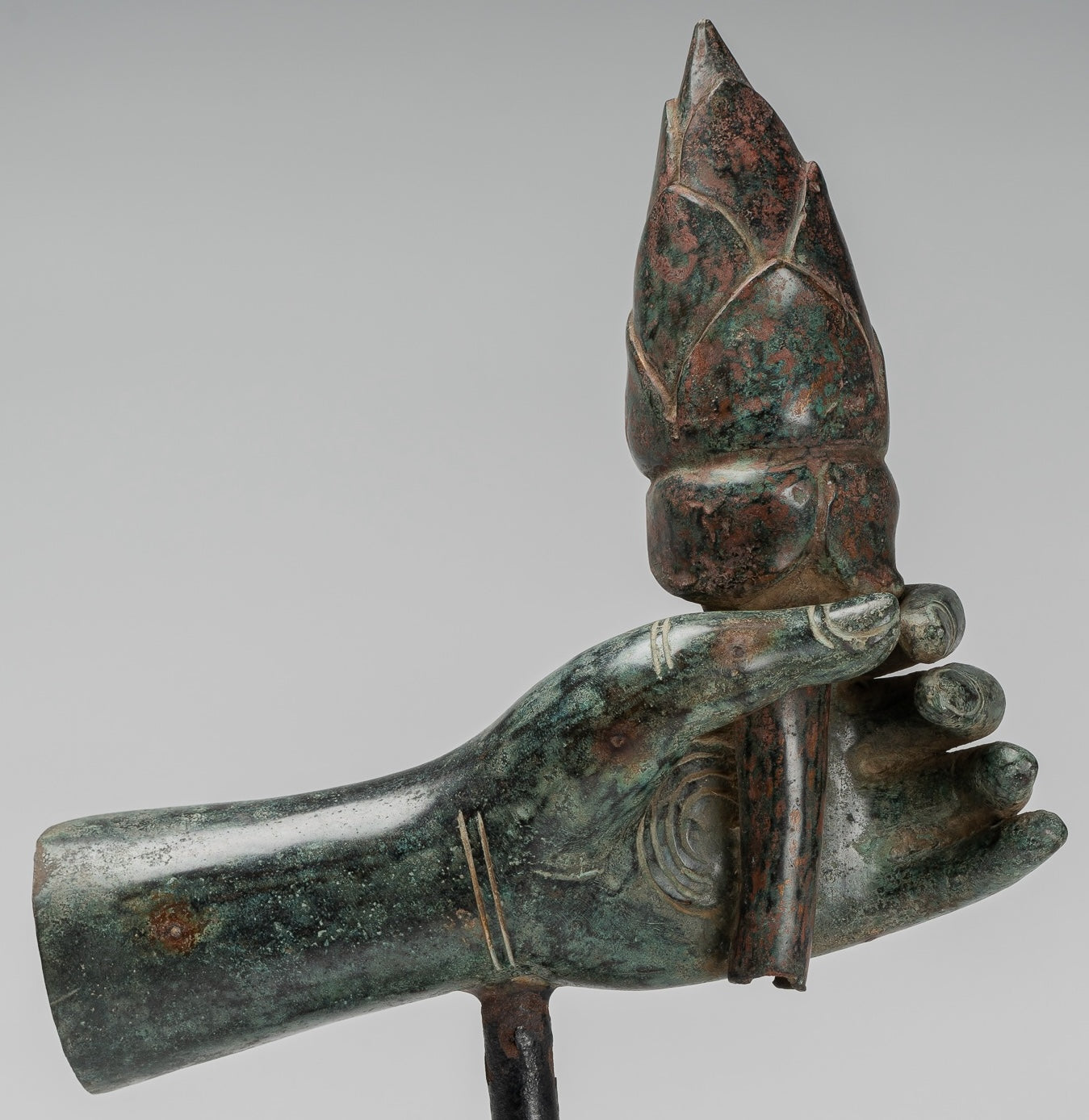 Mounted Antique Khmer Style Bronze Hand & Lotus Bud - 43cm/17"