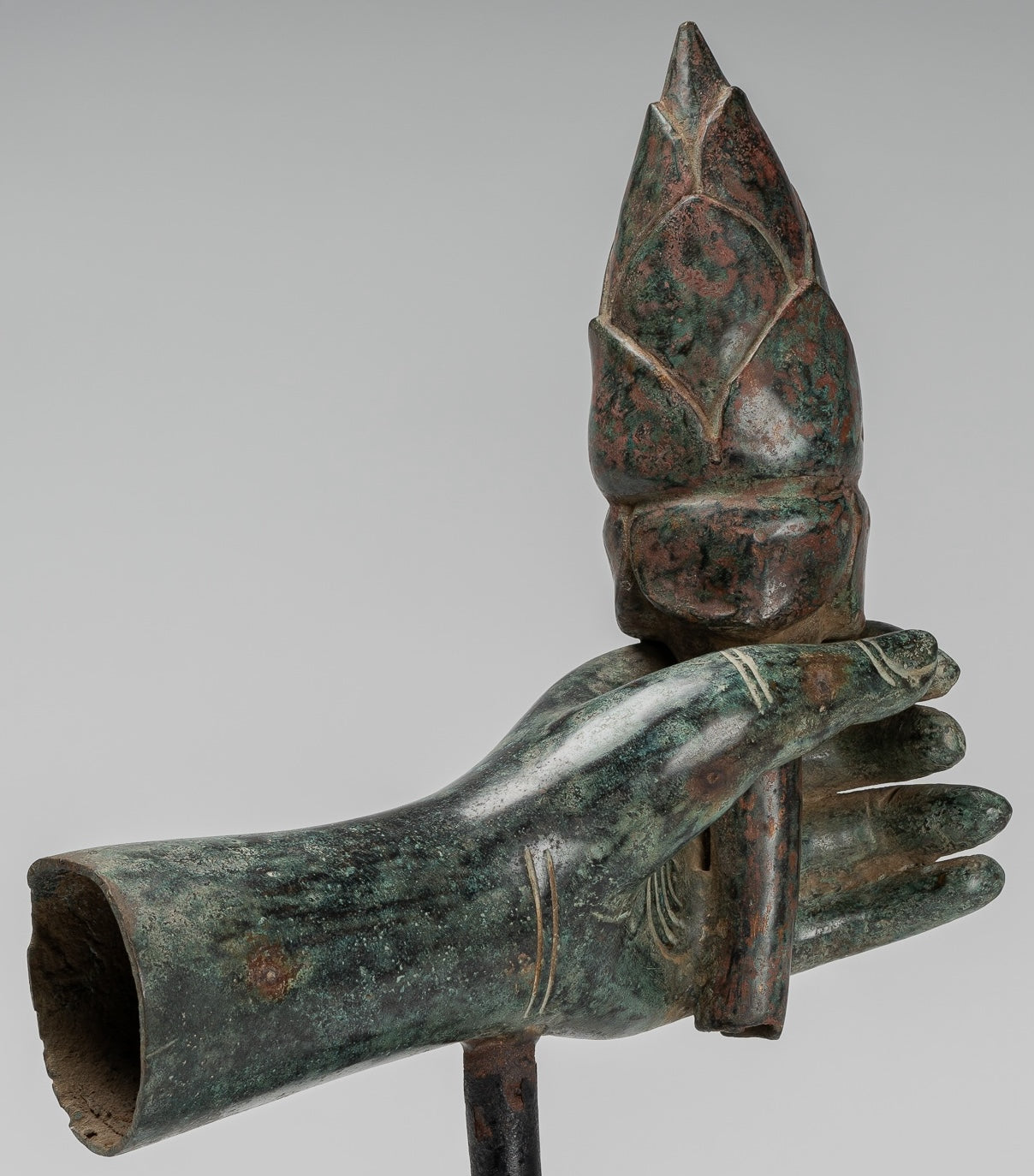Mounted Antique Khmer Style Bronze Hand & Lotus Bud - 43cm/17"