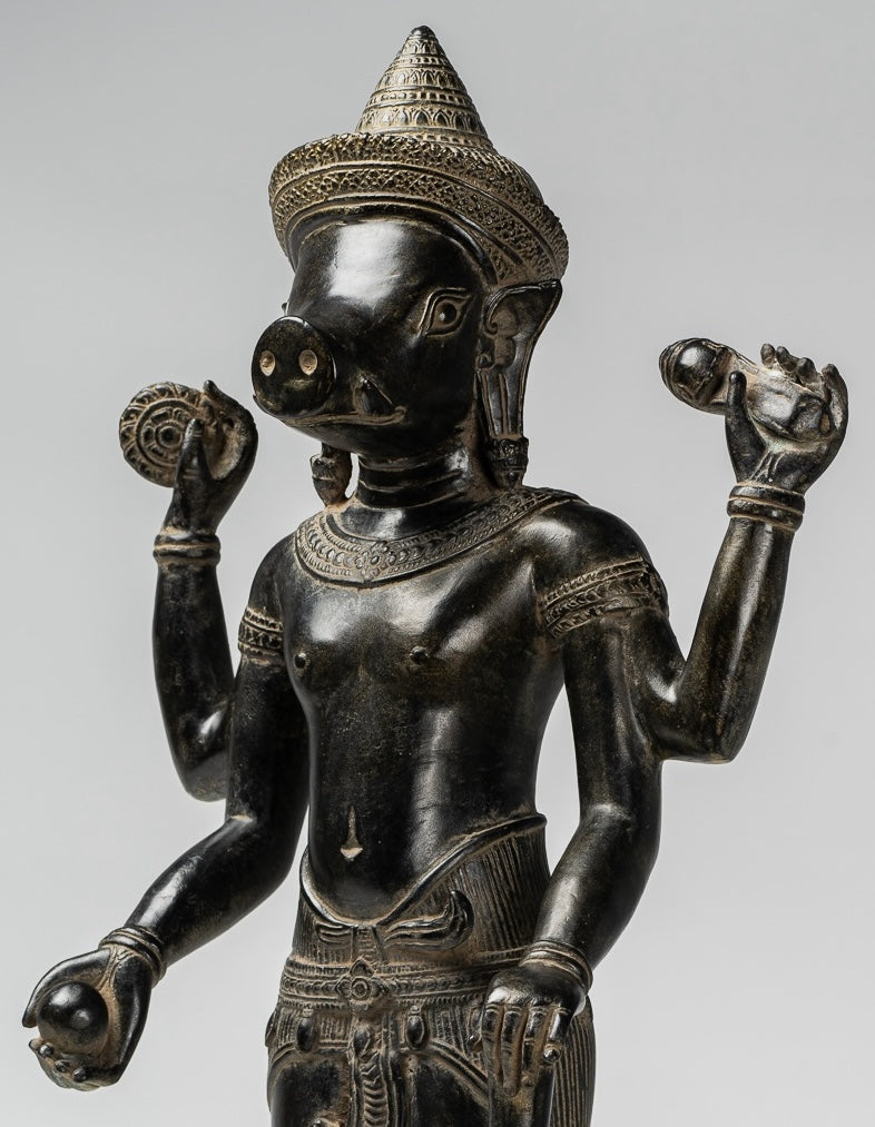 Varaha Statue - Antique Khmer Style Standing Bronze Varaha Boar Avatar of Vishnu - 55cm/22"