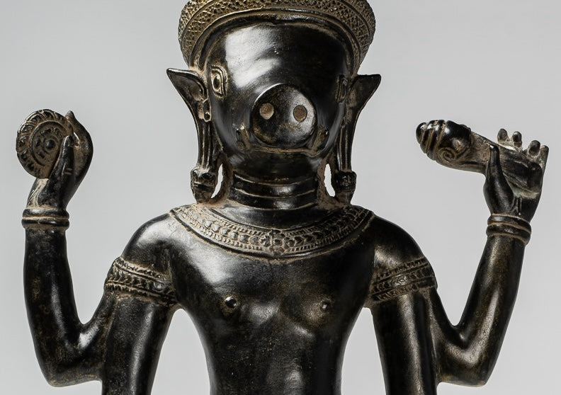 Varaha Statue - Antique Khmer Style Standing Bronze Varaha Boar Avatar of Vishnu - 55cm/22"