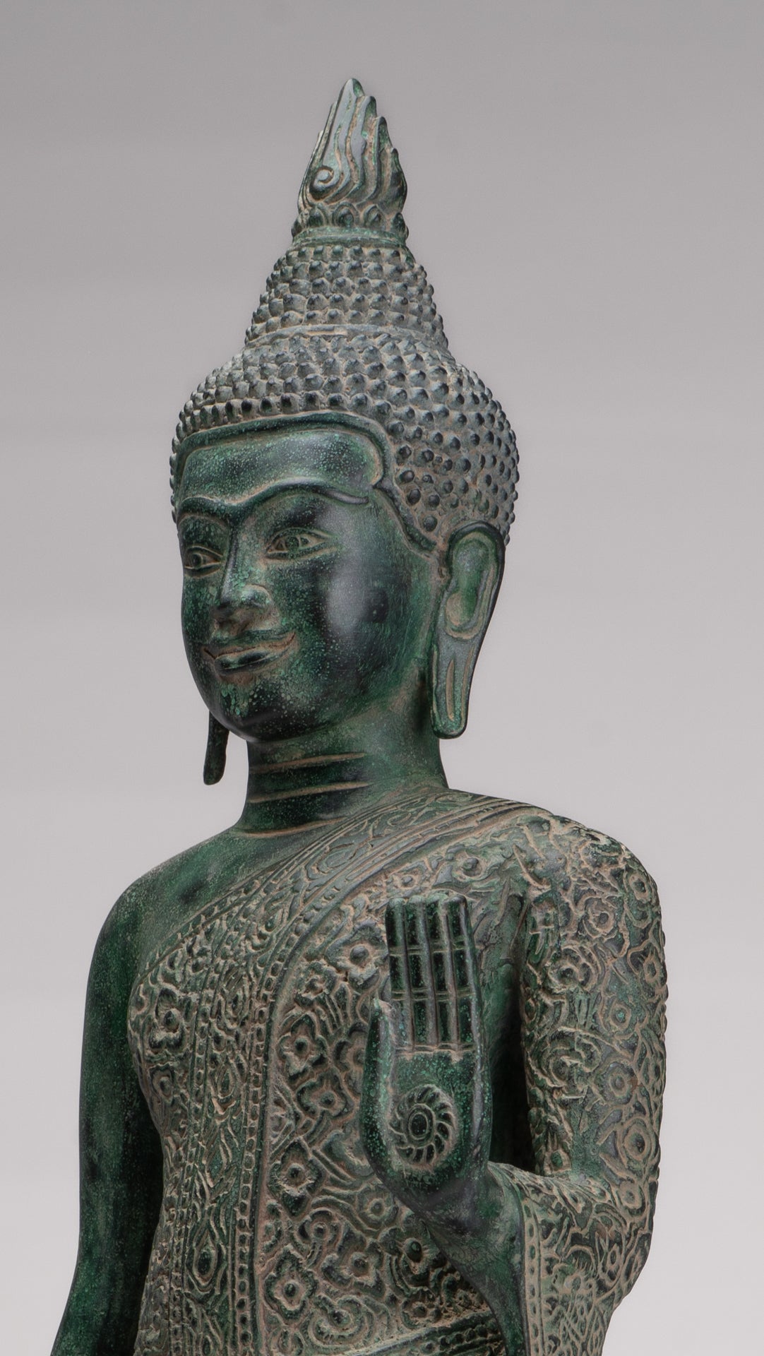 Buddha Statue - Antique Khmer Style Bronze Standing Abhaya Protection Buddha Statue - 64cm/26"