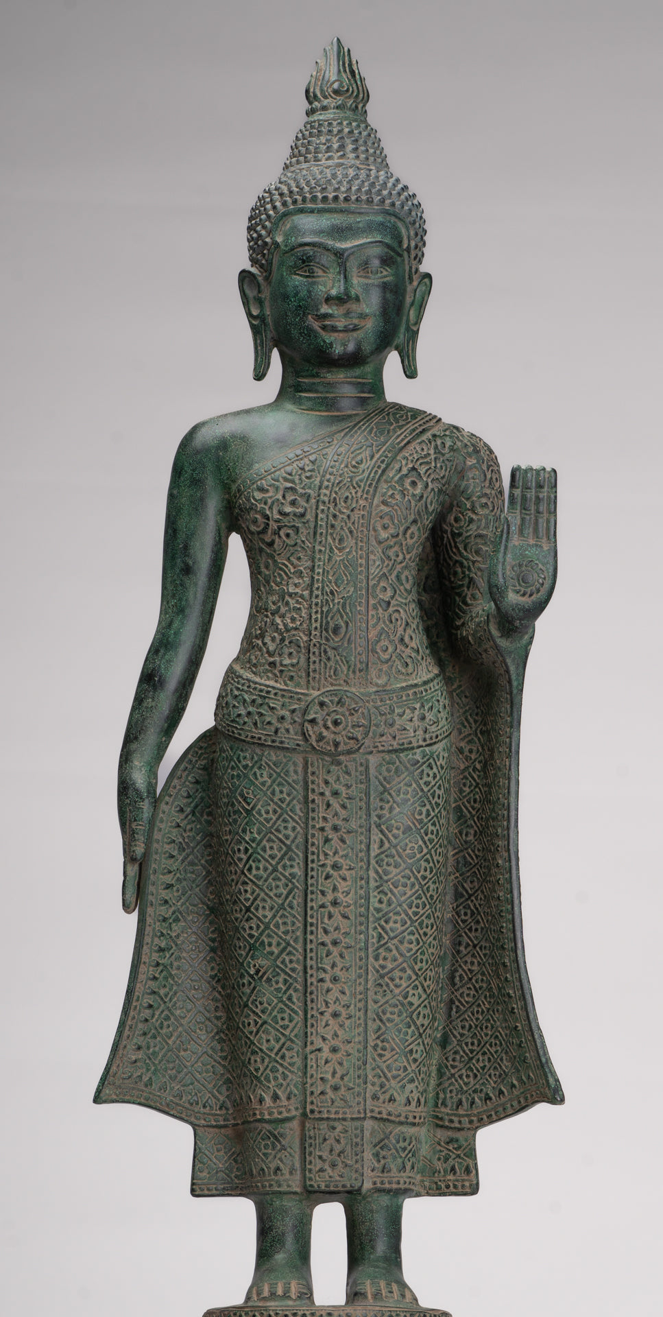 Buddha Statue - Antique Khmer Style Bronze Standing Abhaya Protection Buddha Statue - 64cm/26"