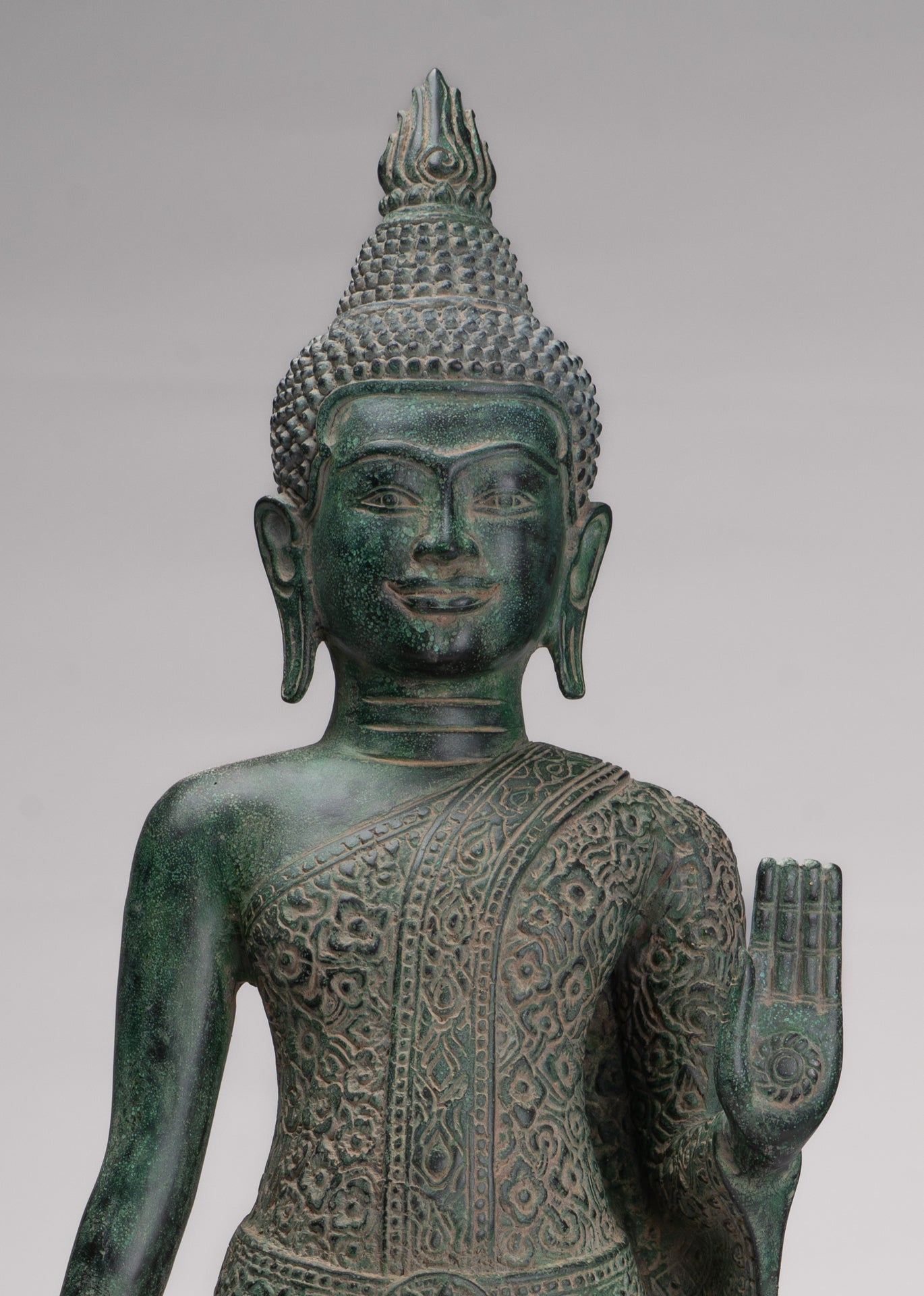 Buddha Statue - Antique Khmer Style Bronze Standing Abhaya Protection Buddha Statue - 64cm/26"