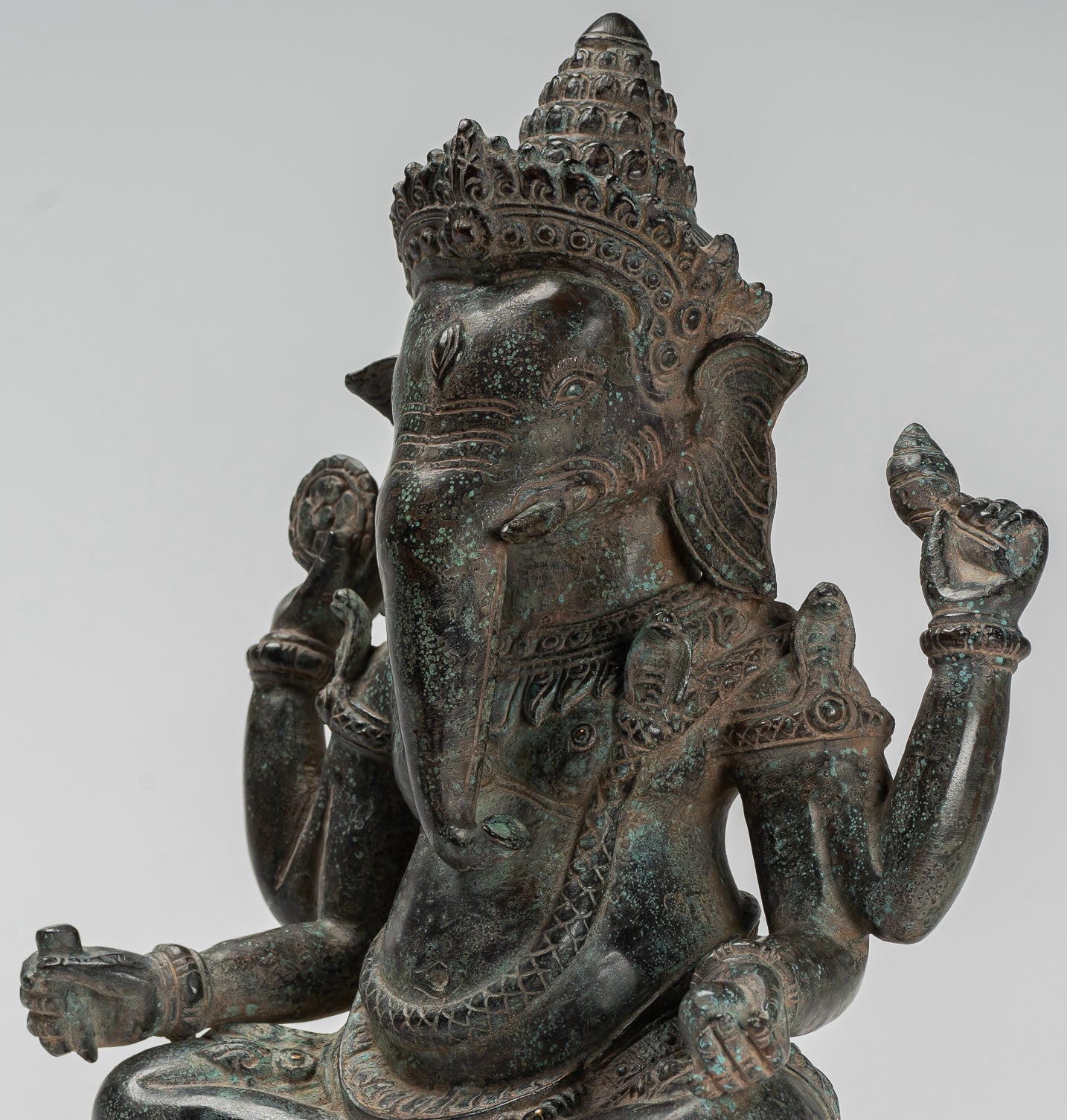 Ganesha Statue - Antique Khmer Style Baphuon Bronze Seated Four Arm Ganesh Statue - 33cm/13"