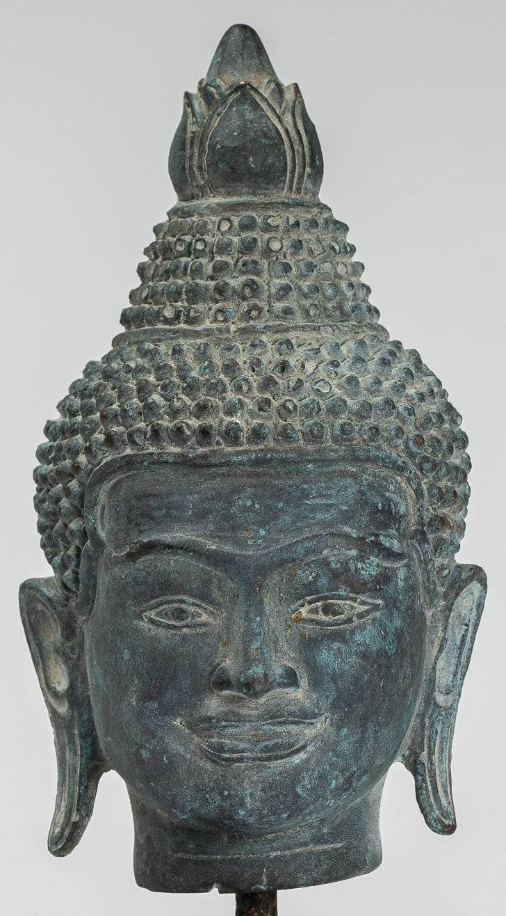 Buddha Statue - Antique Khmer Style Bronze Lotus Flower Buddha Head - 22cm/9"