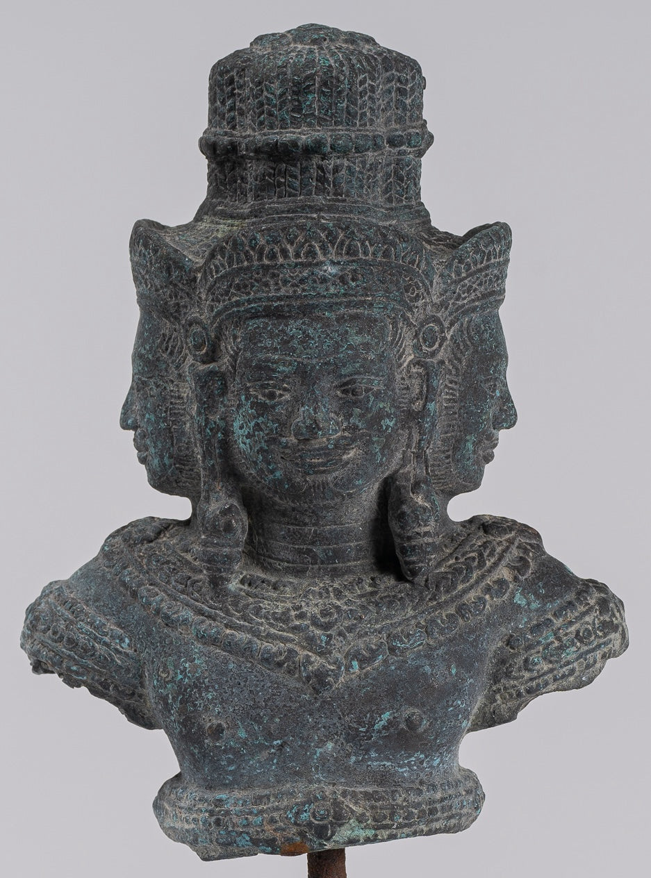 Brahma Statue - Antique Khmer Style Mounted Bronze Brahma Torso - Hindu God Creation - 26cm/10"