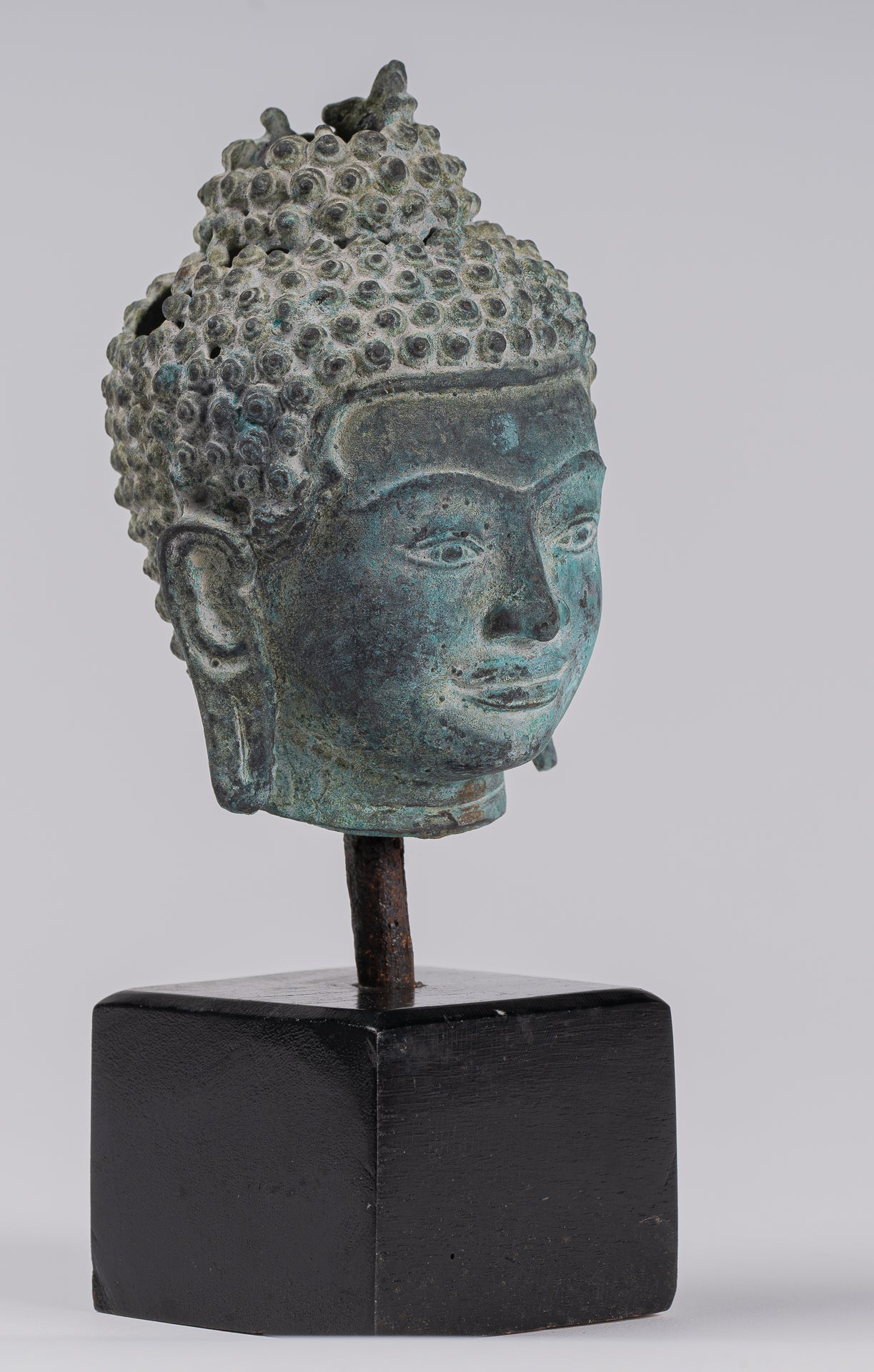 Buddha Statue - Antique Khmer Style Bronze Lotus Flower Buddha Head - 20cm/8"