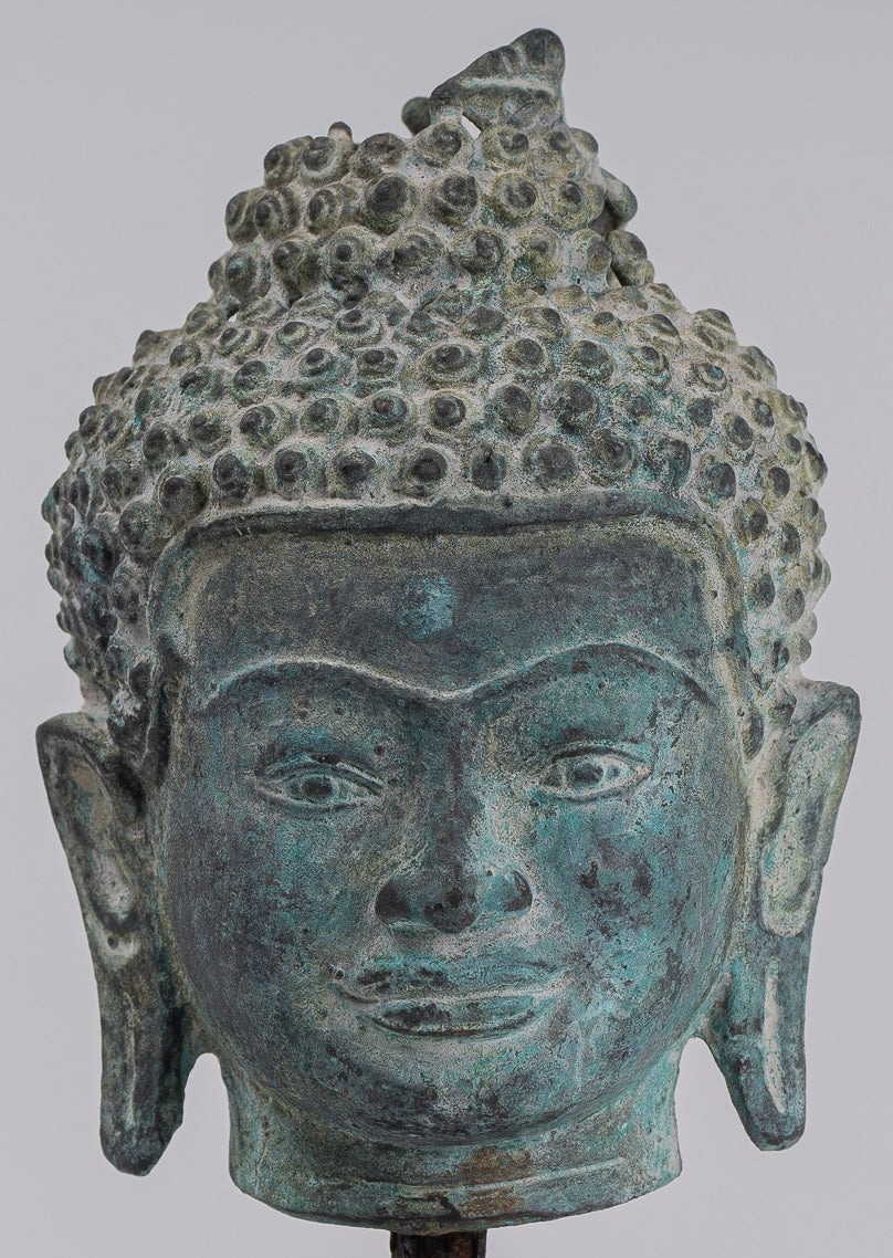 Buddha Statue - Antique Khmer Style Bronze Lotus Flower Buddha Head - 20cm/8"