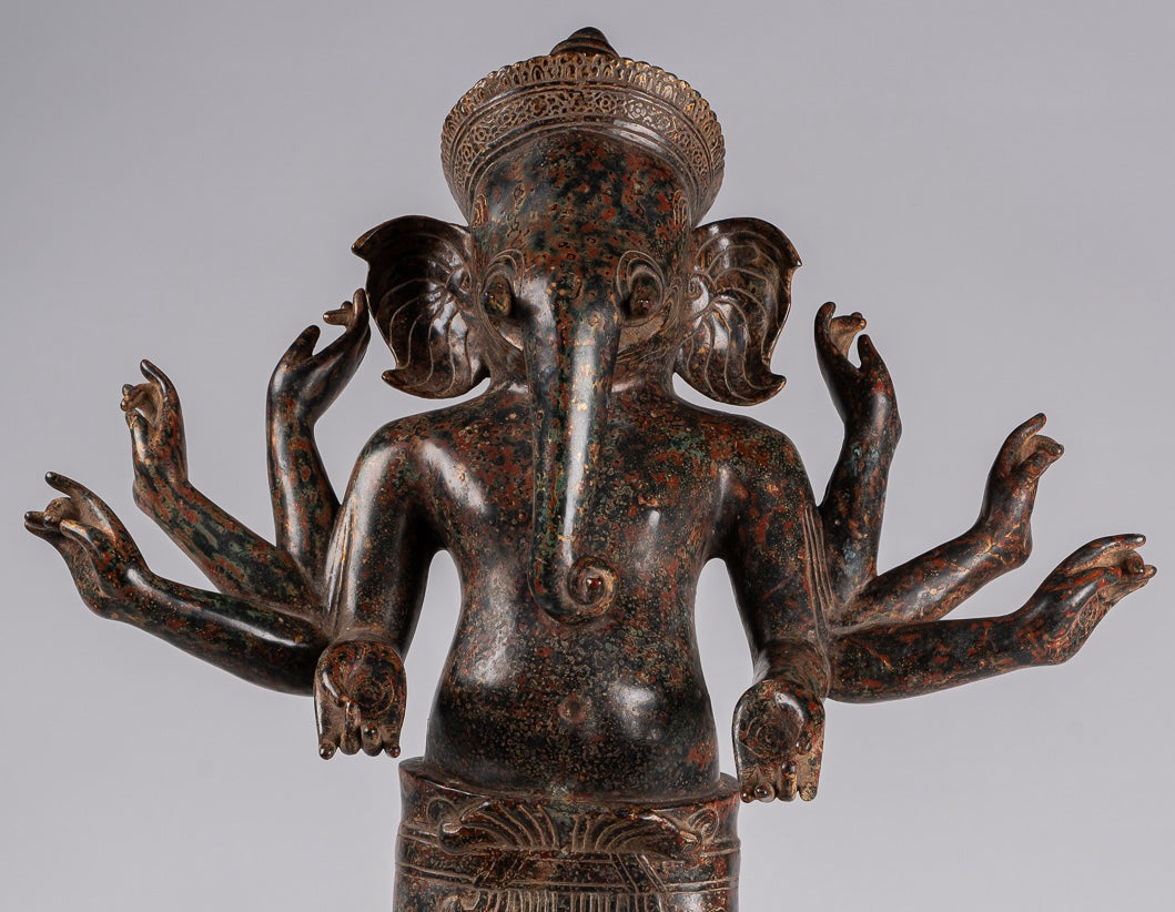 Ganesha Statue - Antique Khmer Style Mounted Standing Bronze Angkor Wat Ganesha Statue - 87cm/35"