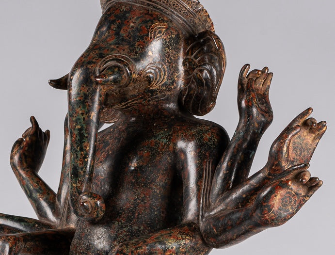 Ganesha Statue - Antique Khmer Style Mounted Standing Bronze Angkor Wat Ganesha Statue - 87cm/35"