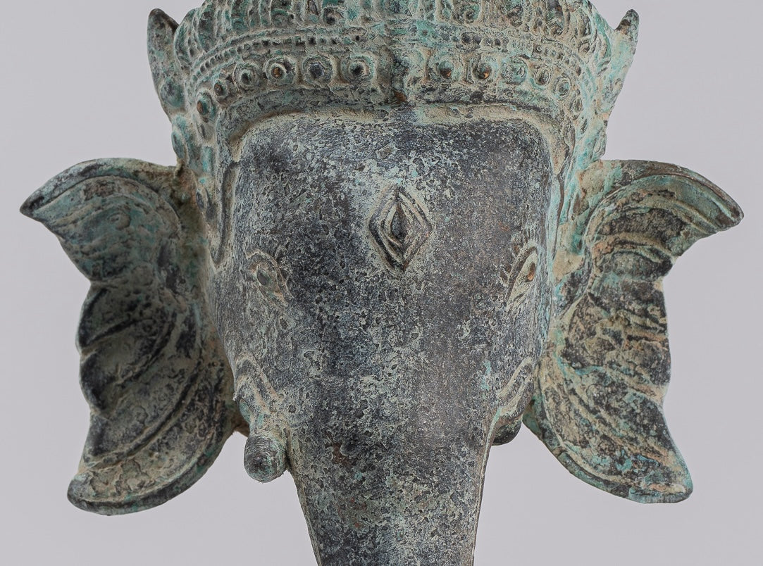 Elephant - Antique Khmer Style Mounted Bronze Bayon Style Elephant Statue - 25cm/10" Tall