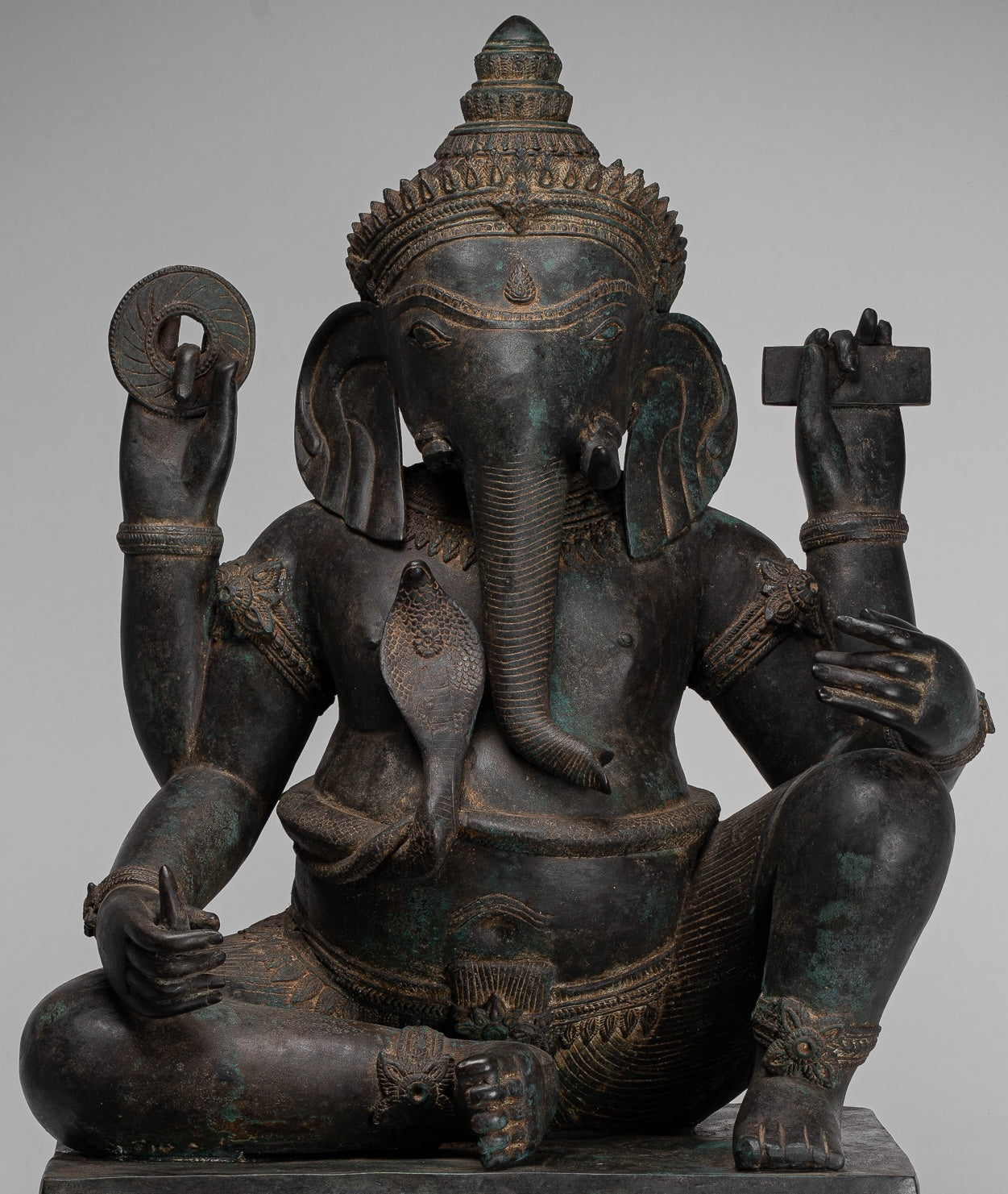 Ganesha Statue - Antique Thai Style Bronze Seated 4-Arm Ganesha Statue - 85cm/34"
