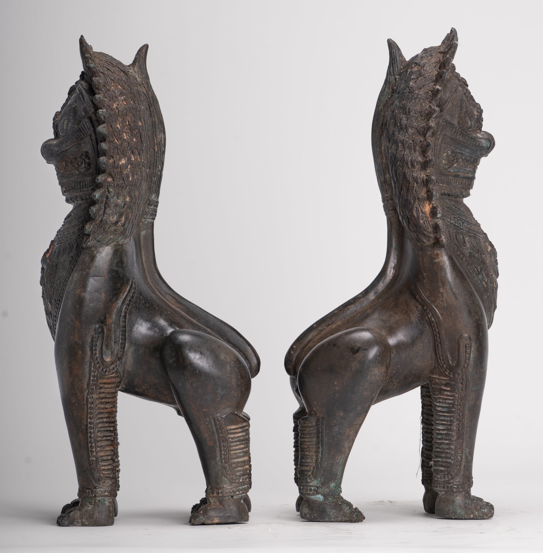 Temple Lion - Antique Thai Style Bronze Standing Singha Temple Guardians or Lions - 41cm/16" (Pair)