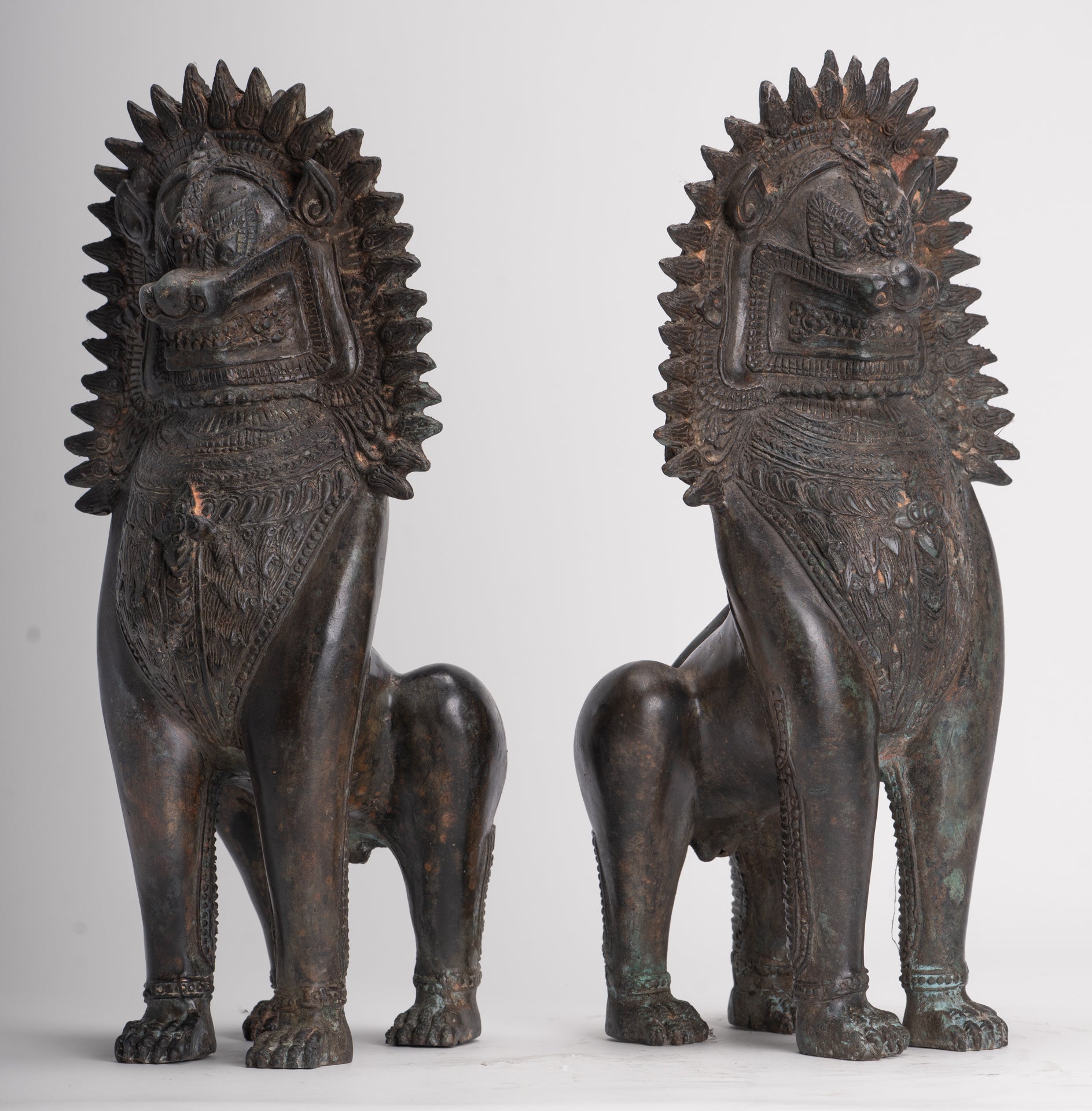 Temple Lion - Antique Thai Style Bronze Standing Singha Temple Guardians or Lions - 41cm/16" (Pair)