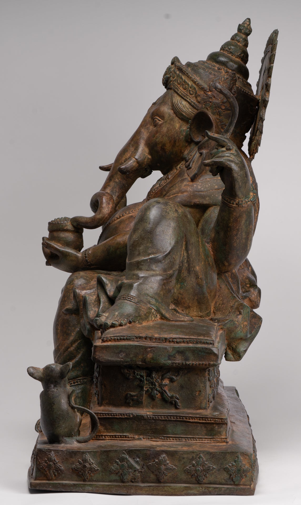 Ganesh - Antique thailändische Bronze -Liegestatue Ganesha Statue mit Maus - 55 cm/22 "