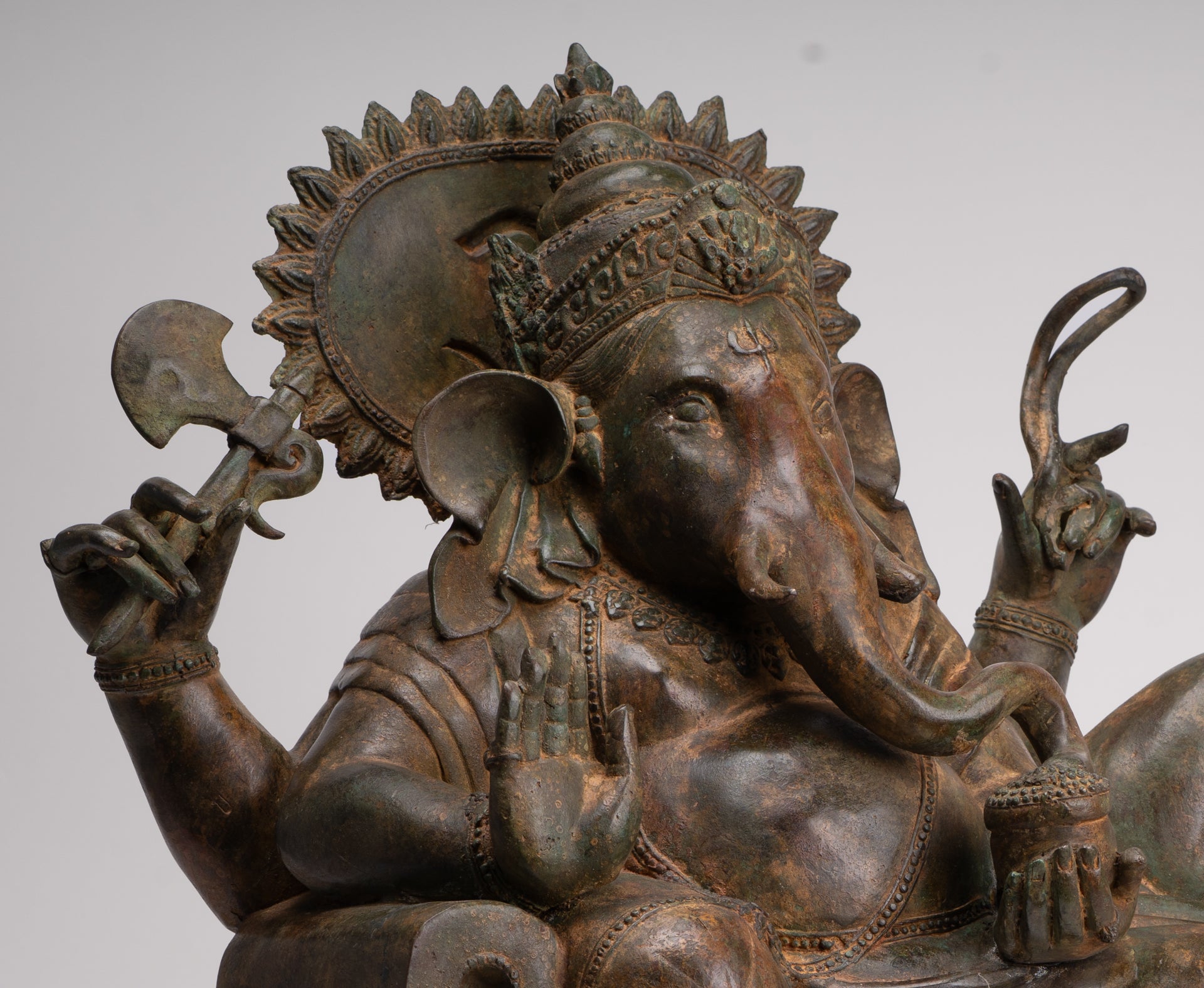 Ganesh - Antique Thai Style Bronze Reclining Ganesha Statue w/Mouse - 55cm/22"