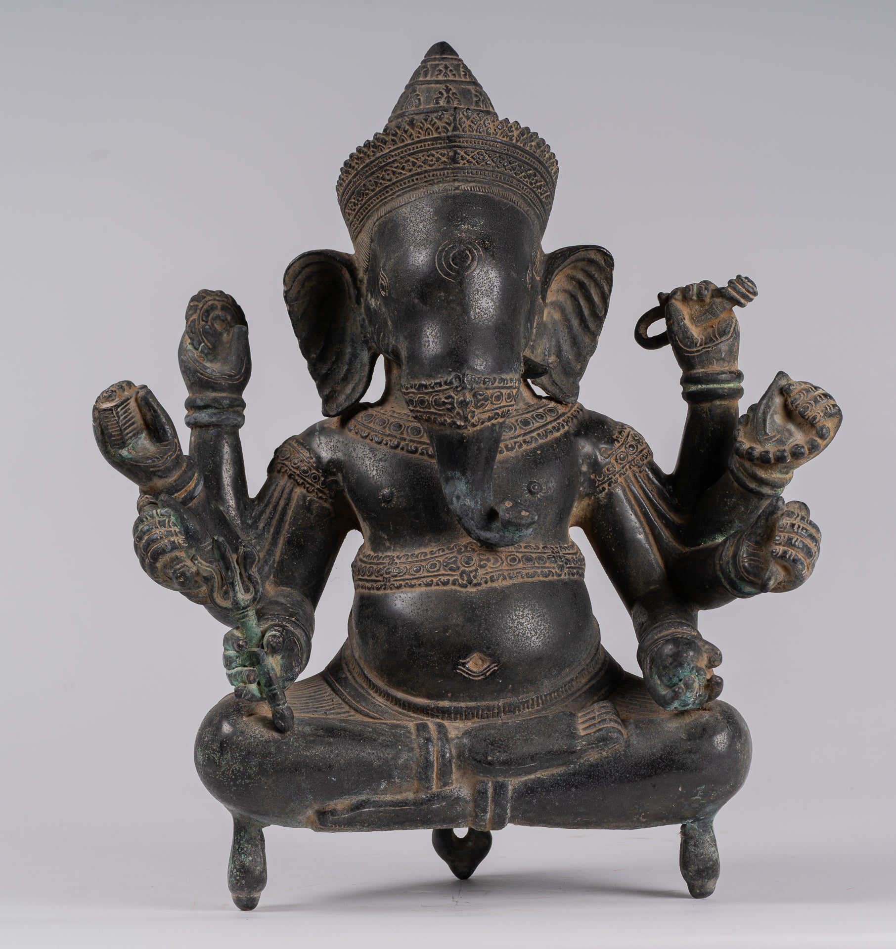Ganesha Statue - Antique Khmer Style Angkor Wat Bronze Seated Eight Arm Ganesh Statue - 41cm/16"