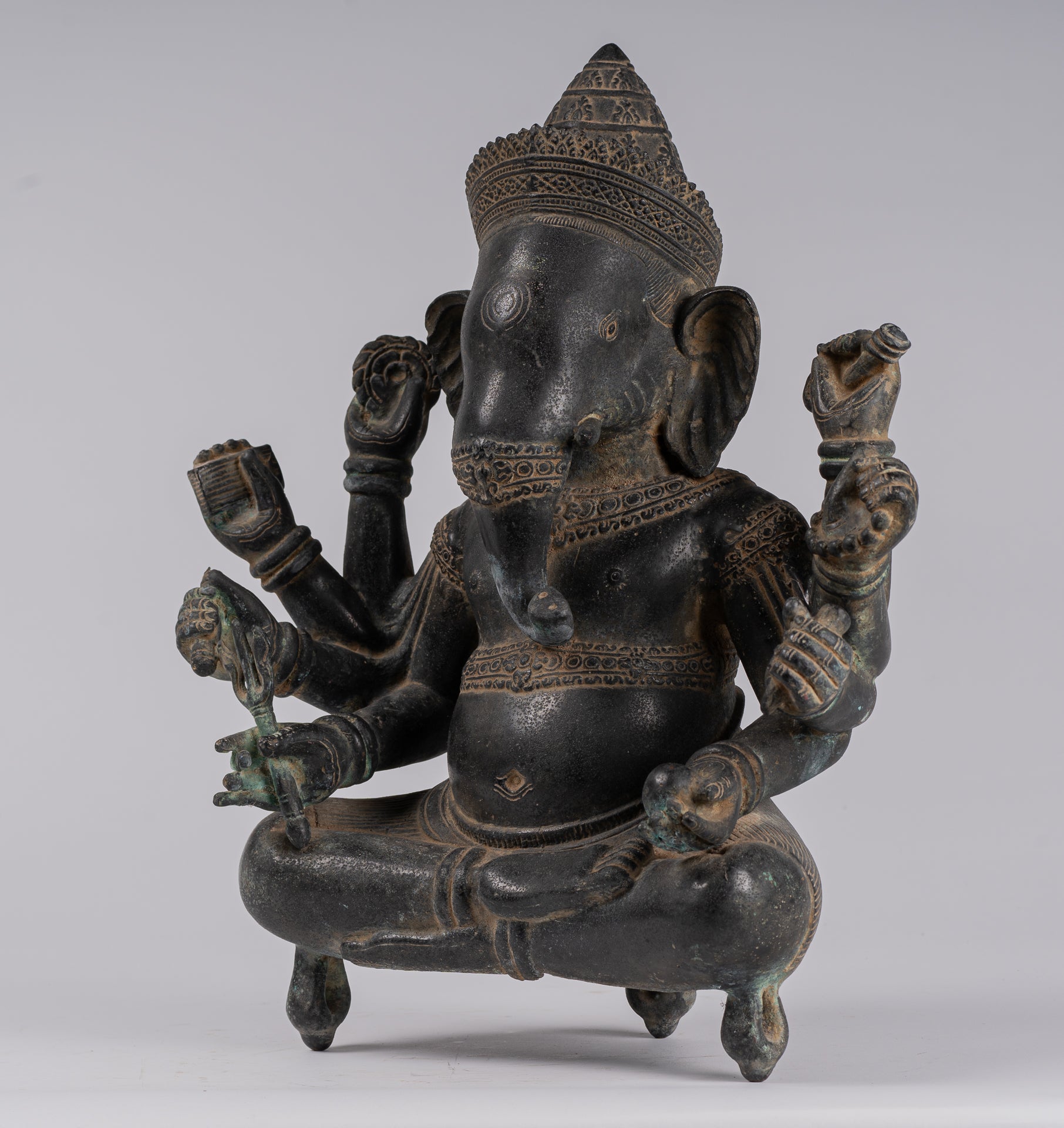 Ganesha Statue - Antique Khmer Style Angkor Wat Bronze Seated Eight Arm Ganesh Statue - 41cm/16"