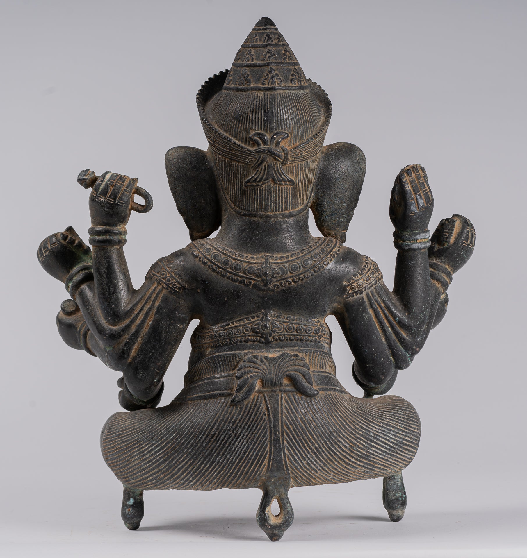 Ganesha Statue - Antique Khmer Style Angkor Wat Bronze Seated Eight Arm Ganesh Statue - 41cm/16"